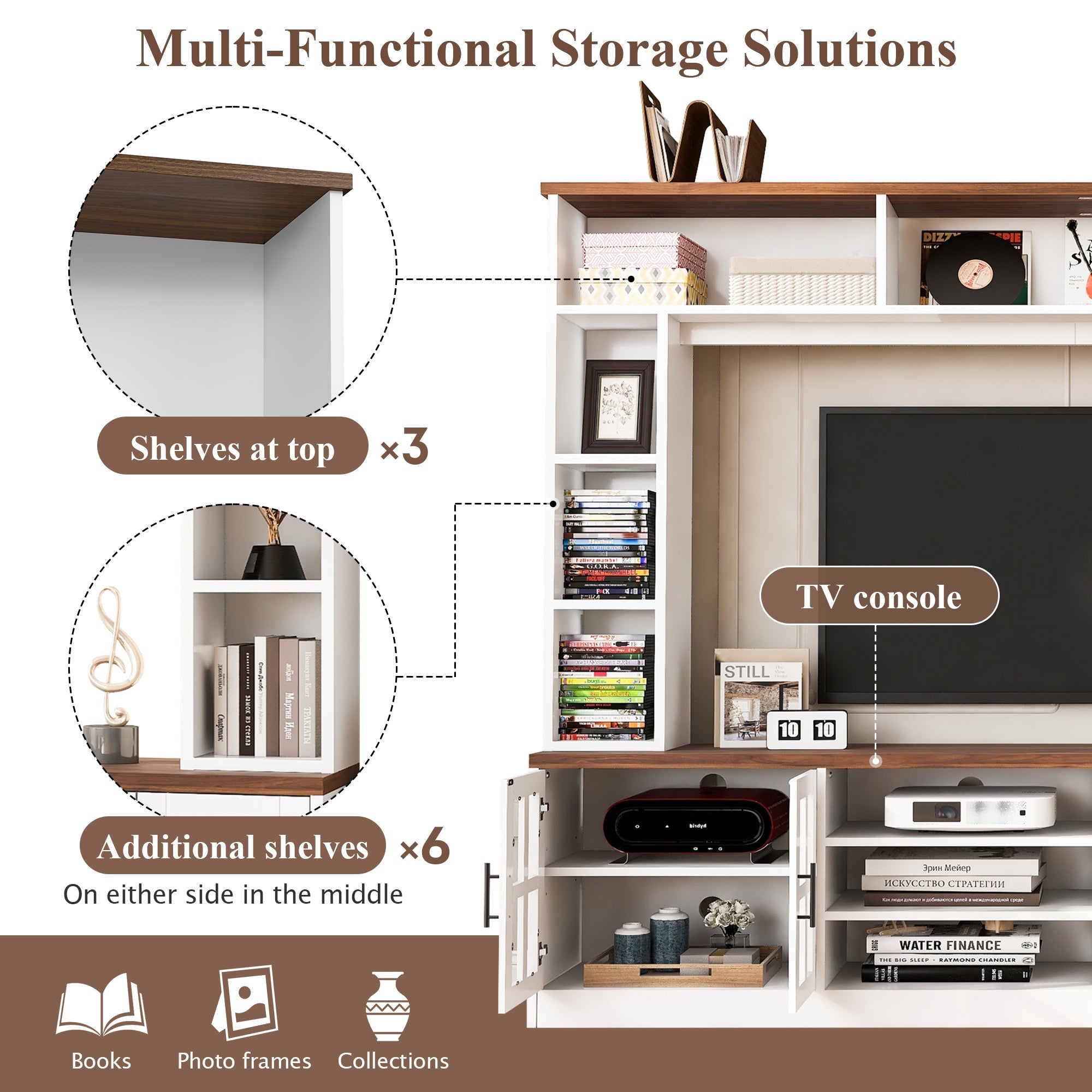 White MDF Glass TV Stand Entertainment Center Wall Unit 80