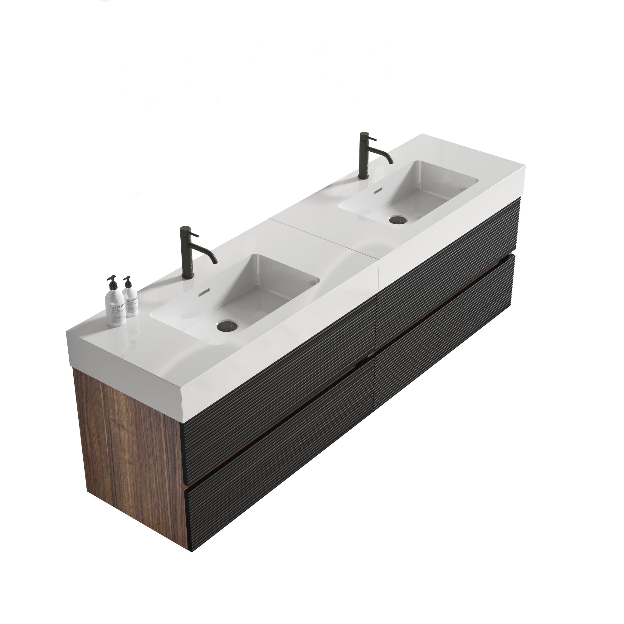 72'' Double Bathroom Vanity with Matt Black Quartz Sink Soft Black Drawers Wall Mount