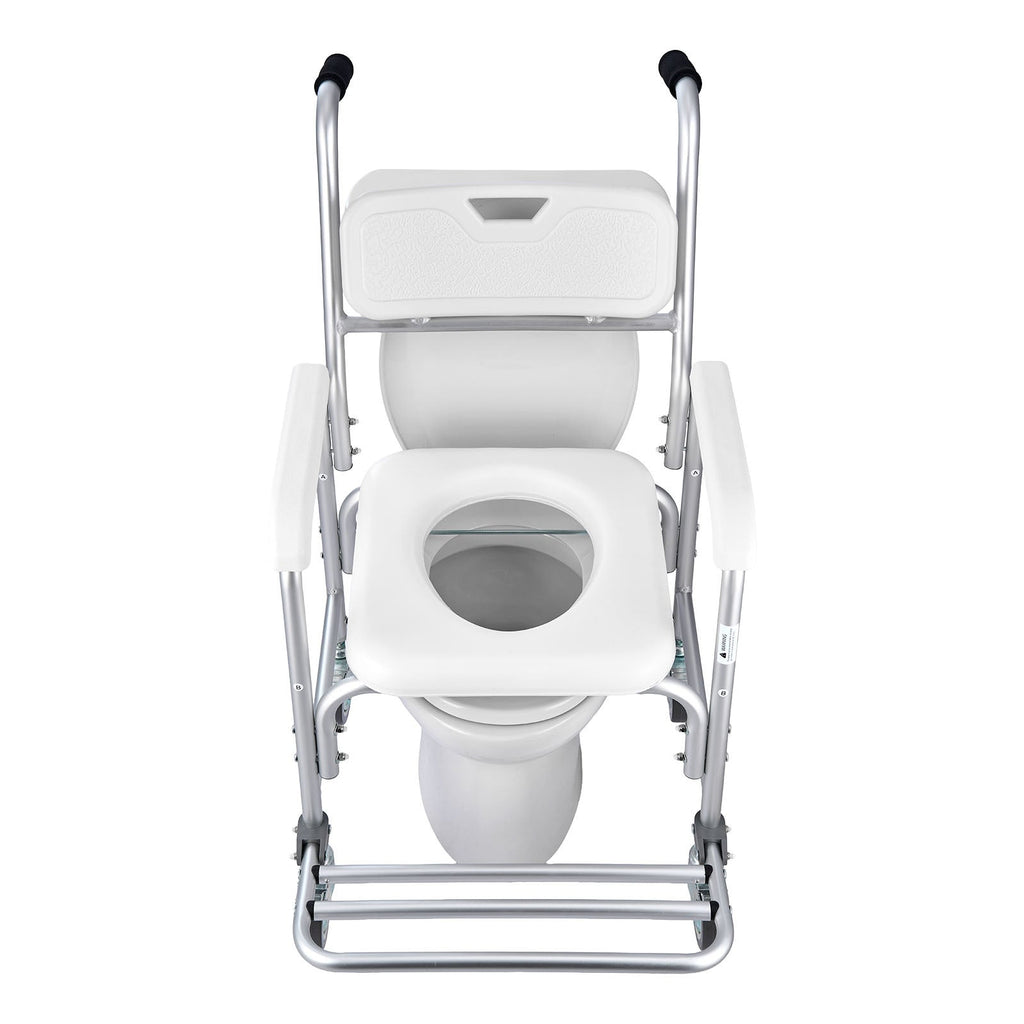 Commode Chair 4-Wheel 4-in-1 Aluminum 350 LB Rolling Lockable Padded Seat