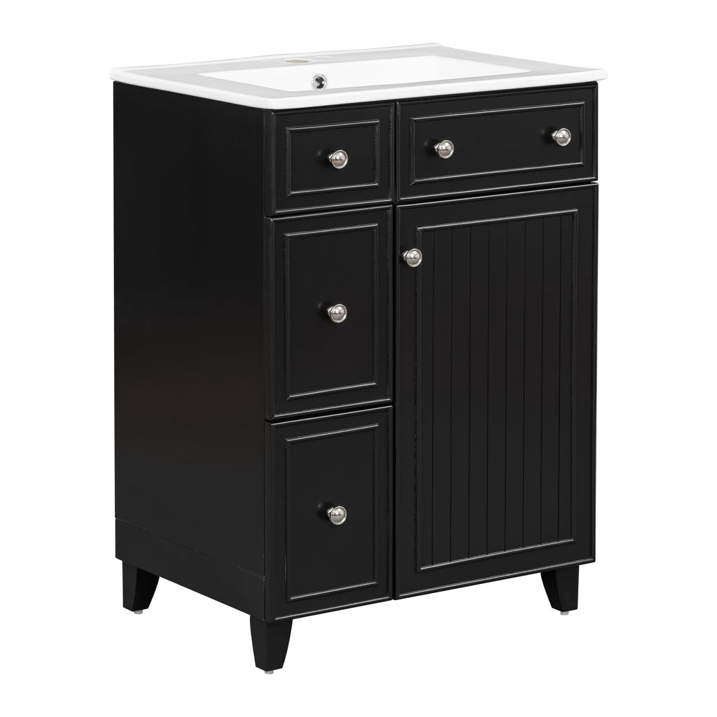 Transitional Bathroom Vanity Cabinet with Ceramic Sink, 24-Inch, Black, Solid...