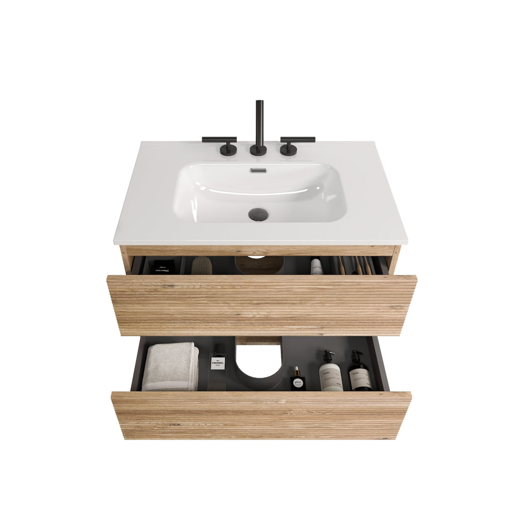 30' Wall Mounted Rough Oak&Rough Oak Bathroom Vanity with Integrated Ceramic ...