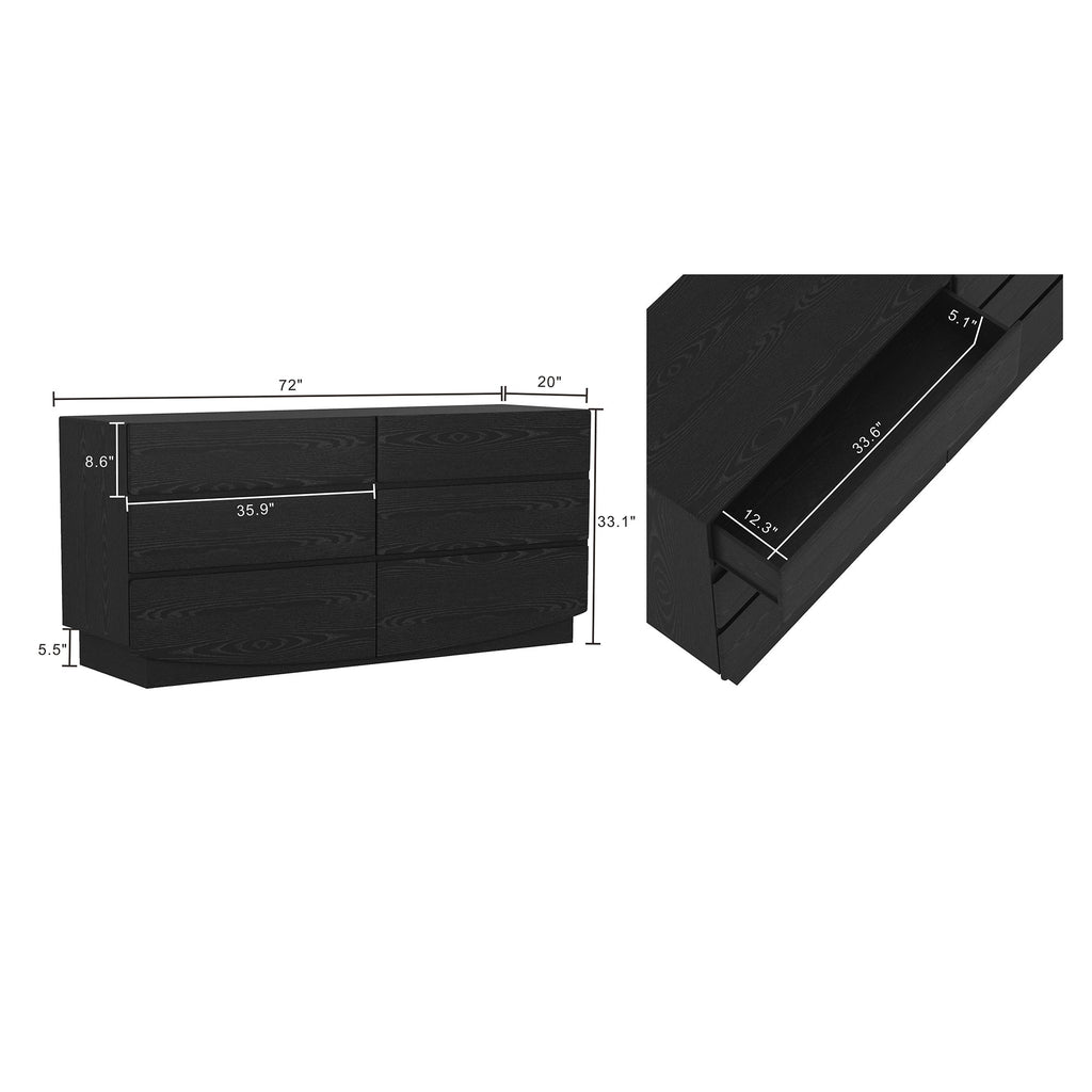 Dresser Minimalist 6-Drawer Black MDF Handleless 72x20x33.1 In