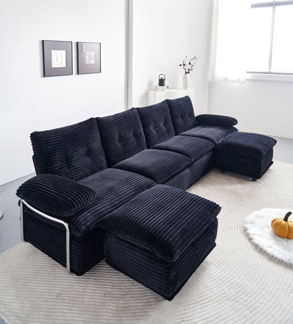 Sectional Sofa U-Shape Modular Corduroy Black 6-Seat with 2 Ottomans 140.94 In
