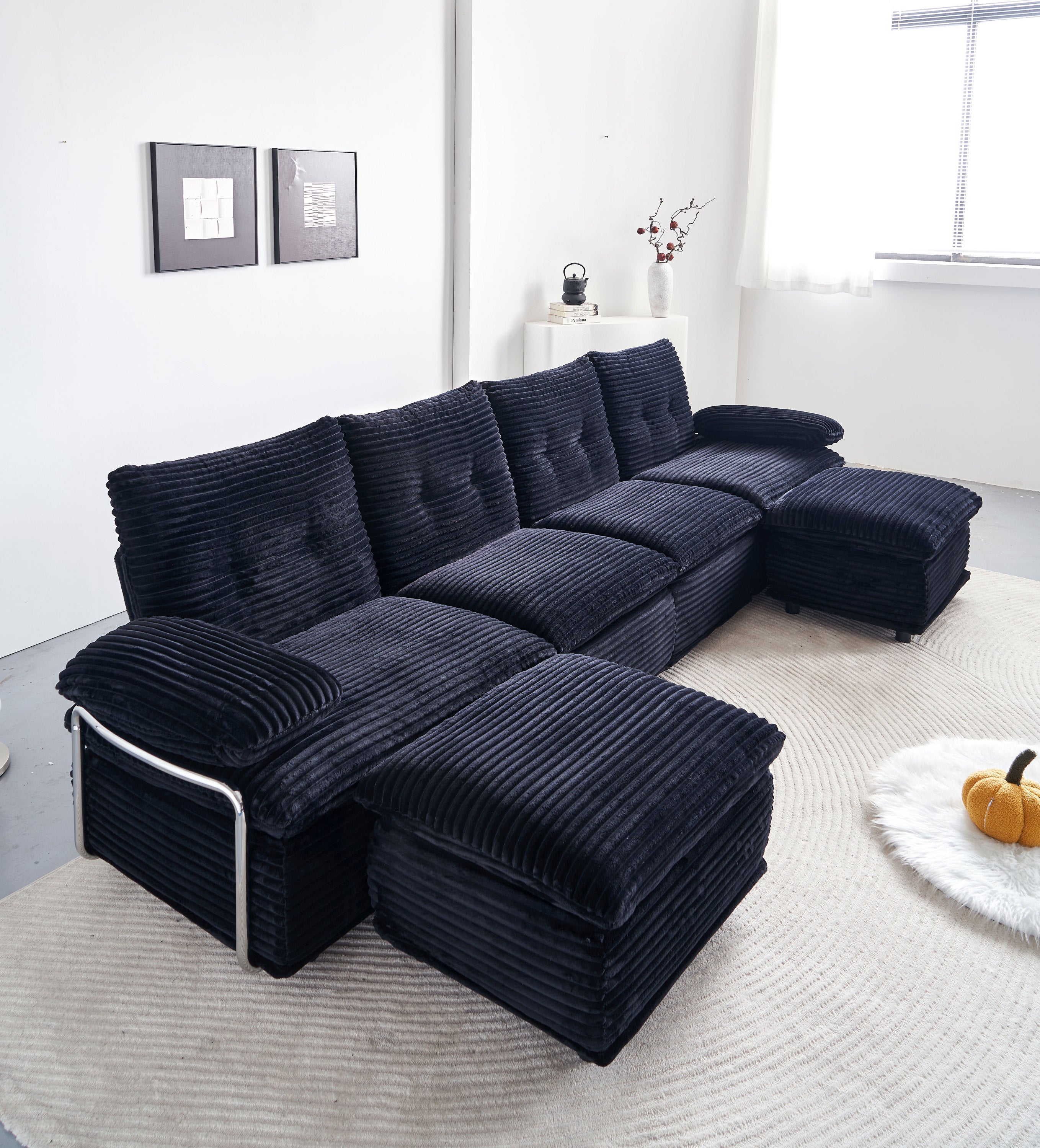 Sectional Sofa U-Shape Modular Corduroy Black 6-Seat with 2 Ottomans 140.94 In
