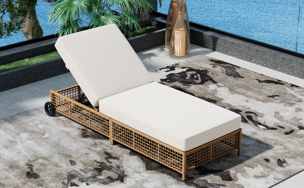 Outdoor Lounge Chair, 5-Position Adjustable Rattan Chaise with Cushion and