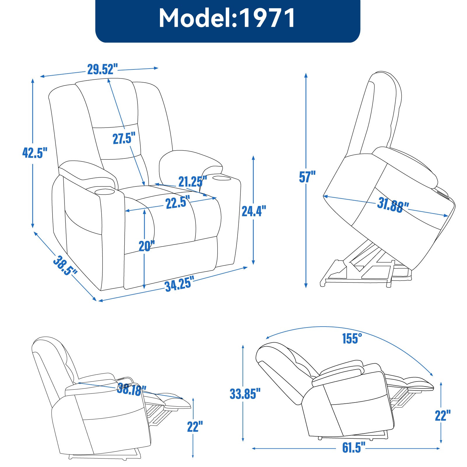 Lift Recliner Chair Power Chenille Blue Heat Massage USB Cup Holders 350 LB
