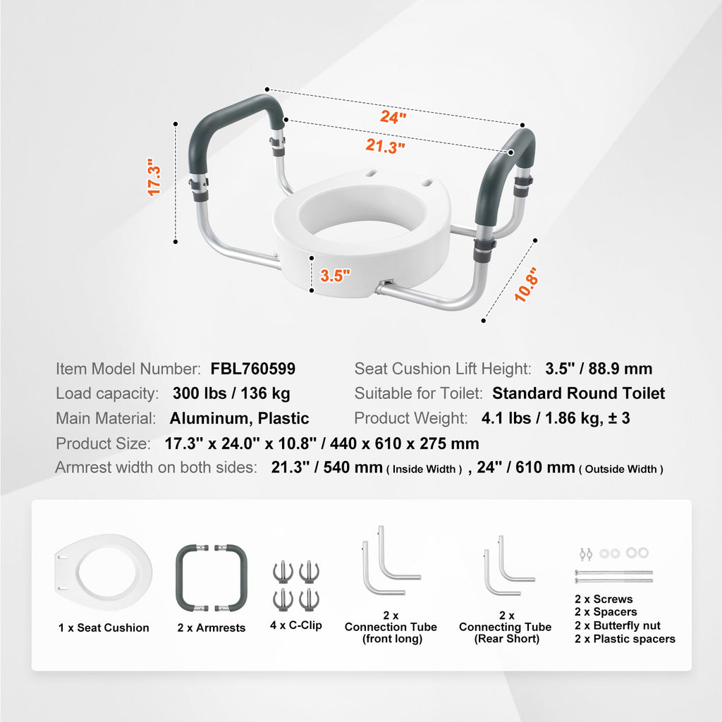Raised Toilet Seat 3.5 In Height Aluminum Handrail EVA Padded Arms 300 LB