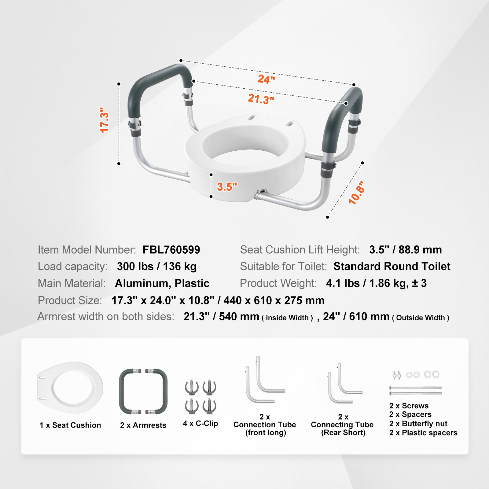 Raised Toilet Seat 3.5 In Height Aluminum Handrail EVA Padded Arms 300 LB