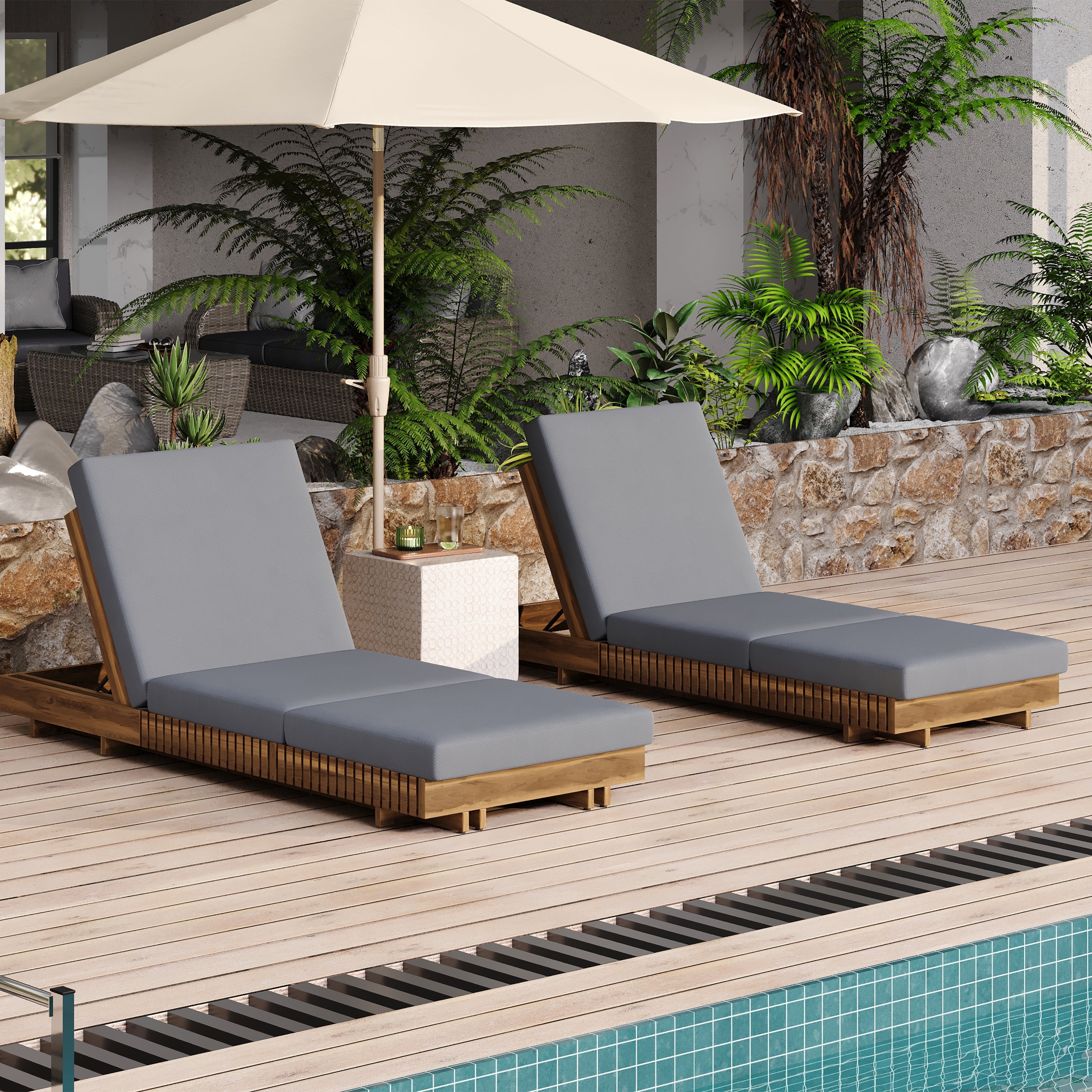Outdoor Chaise Lounge Acacia Wood Dark Gray 6 Position Adjustable
