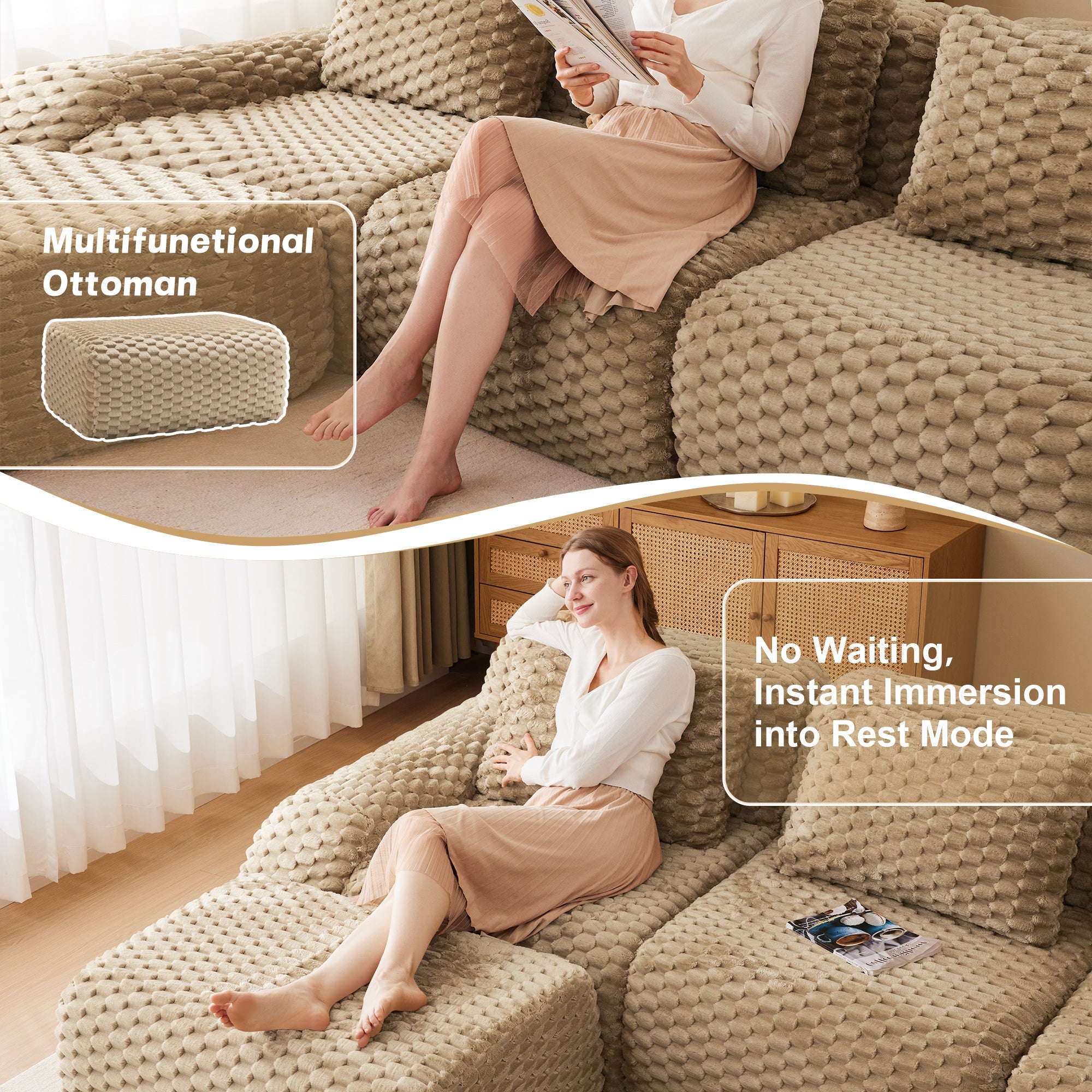 Sectional Sofa L-Shape Modular Flannelette Light Camel 2 Seat 82 In