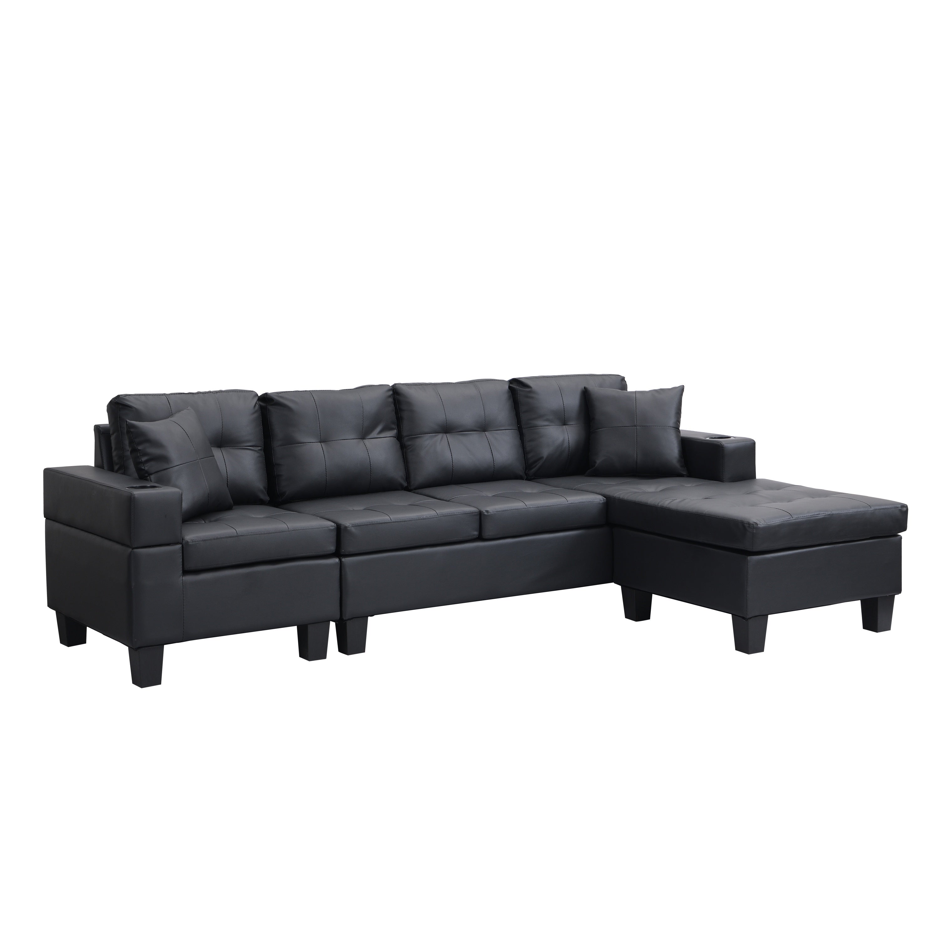 Sectional Sofa L-Shape Chaise PU Leather Black 4-Seat Cup Holders 96x57 In