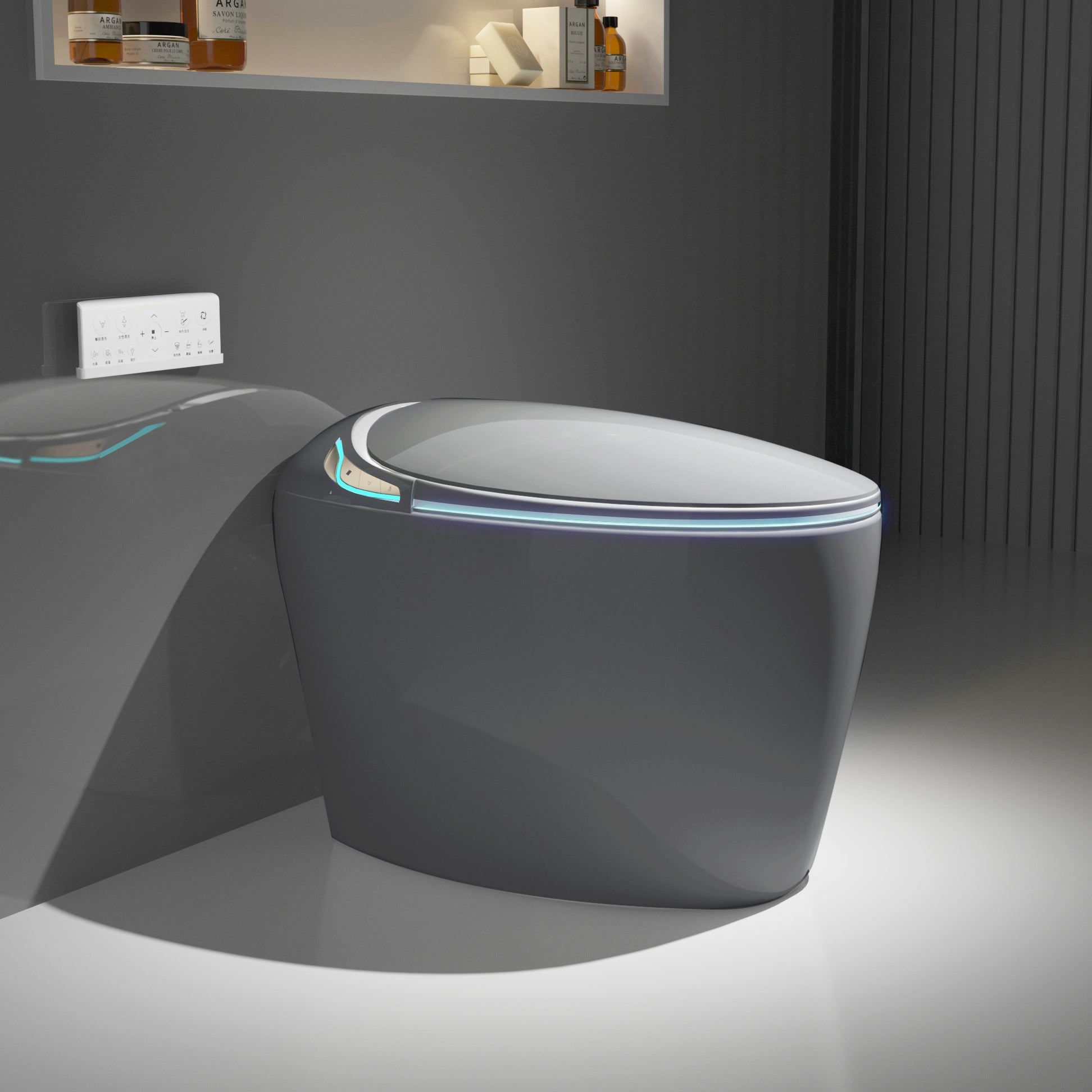 Smart Toilet One-Piece Gray Bidet Auto Lid Heated Seat Night Light 1.28 GPF