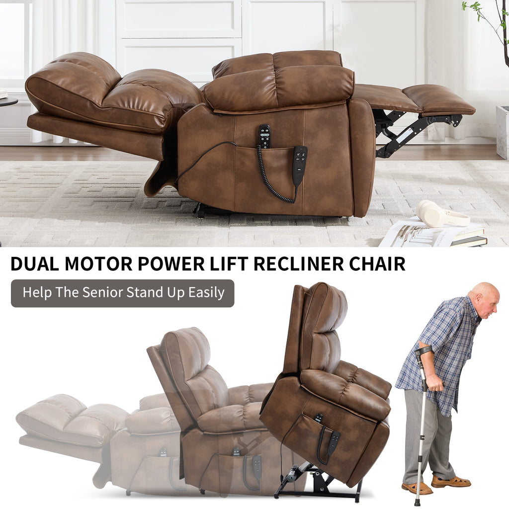Lift Recliner Chair Power Faux Leather Brown Dual Motor Heat Massage 350 LB