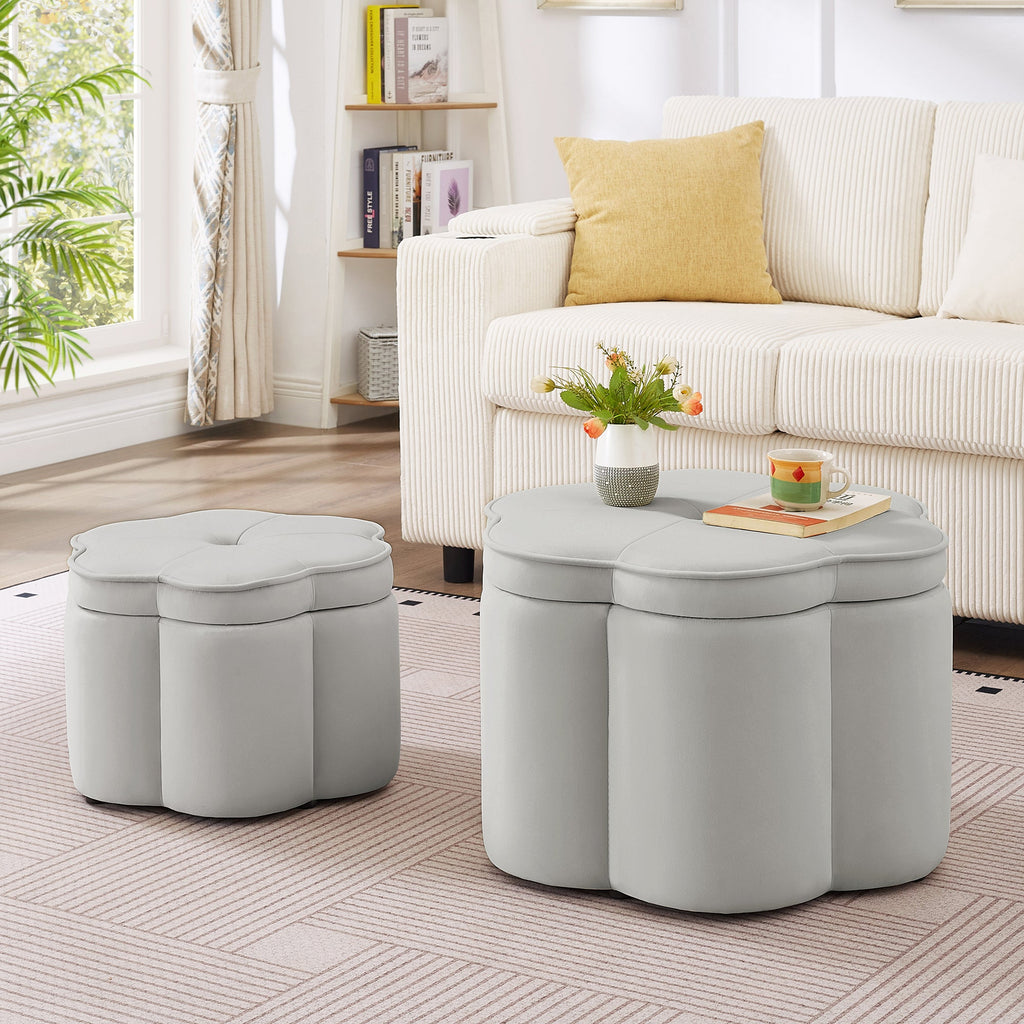 Set of 2 Flower Shape Petal Velvet Storage Ottoman with Storage, Gray