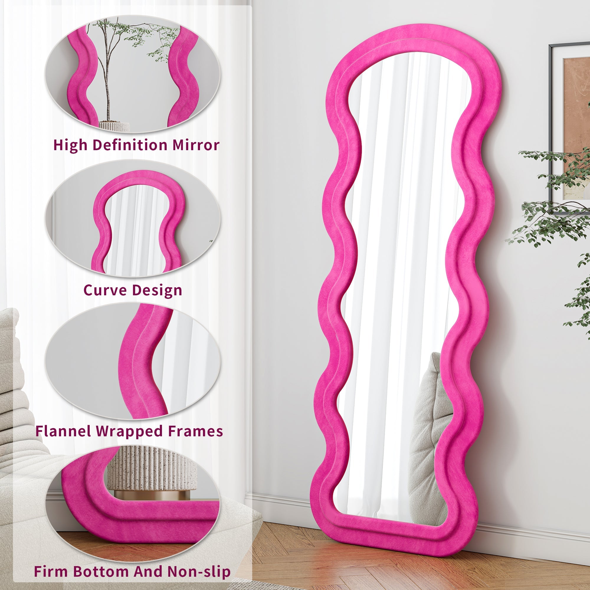 Floor Mirror Full Length Wave Flannel Frame Rose 63x24 In Lean or Hang