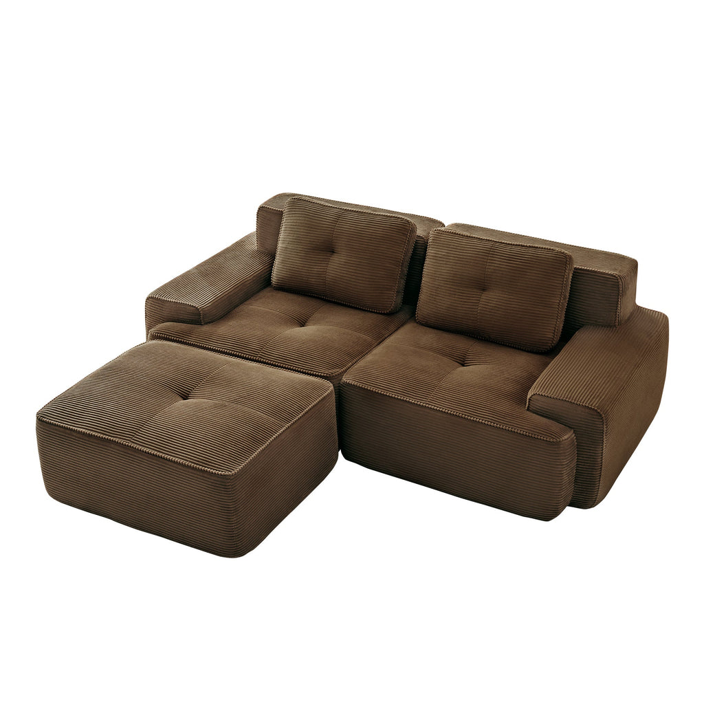 Sectional loveseat L-Shape Corduroy Brown 2 Seat Modular with Ottoman 82 In