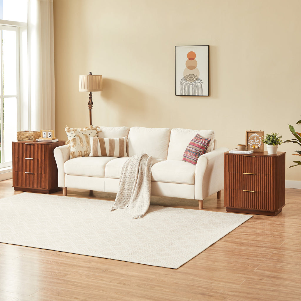 3-Drawer Nightstand Set of 2, 23.6 in Wide, Curved Wave Design, Walnut
