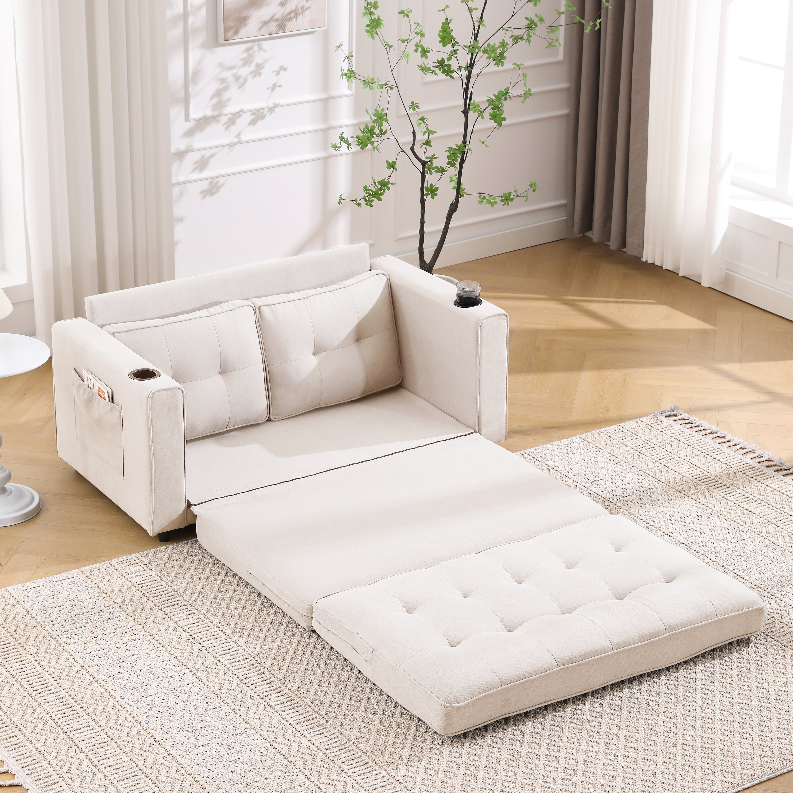 Sofa Bed Futon Tufted 3-in-1 Beige Pull-Out Sleeper Cup Holders 55 In