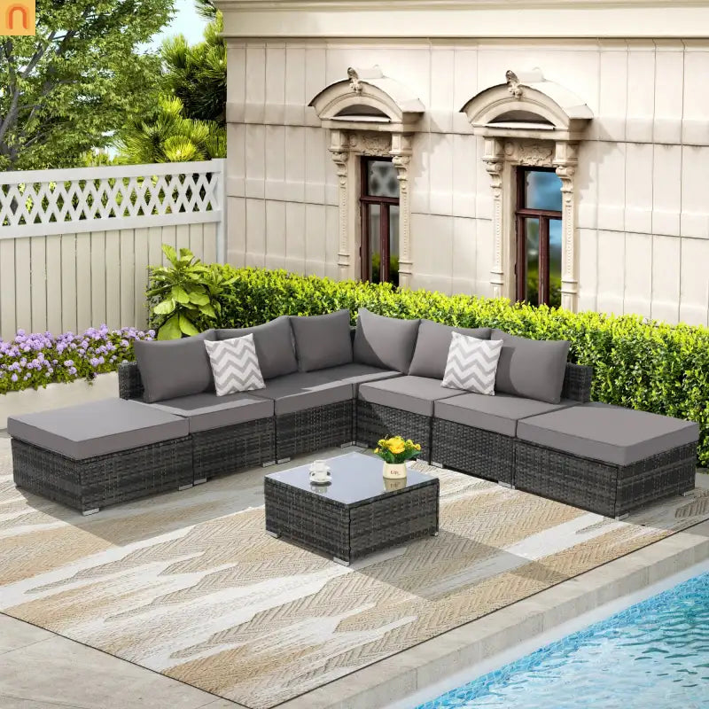 Outdoor Sectional Set PE Rattan Steel Dark Gray 8 Piece Seats 8 360 LB