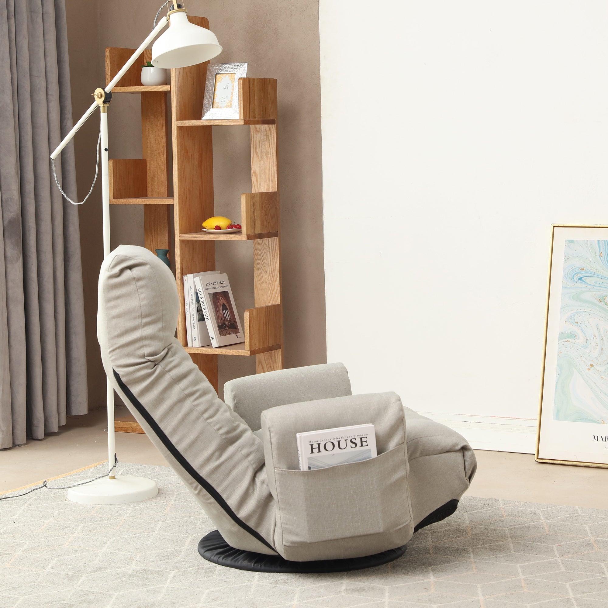 Floor Gaming Lounge Chair Swivel 360 Linen Gray 5-Position Adjustable 31x43 In
