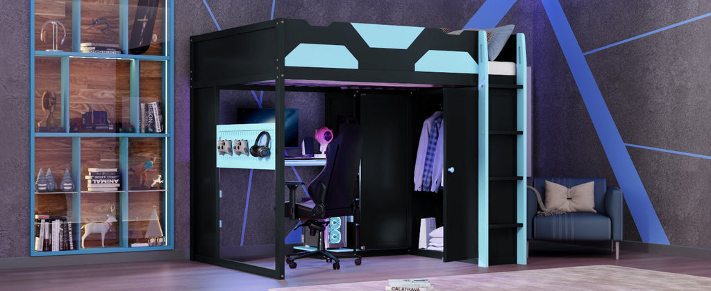 Full Size Wood Loft Bed with Desk, Multi-storage Shelves, USB and RGB Light