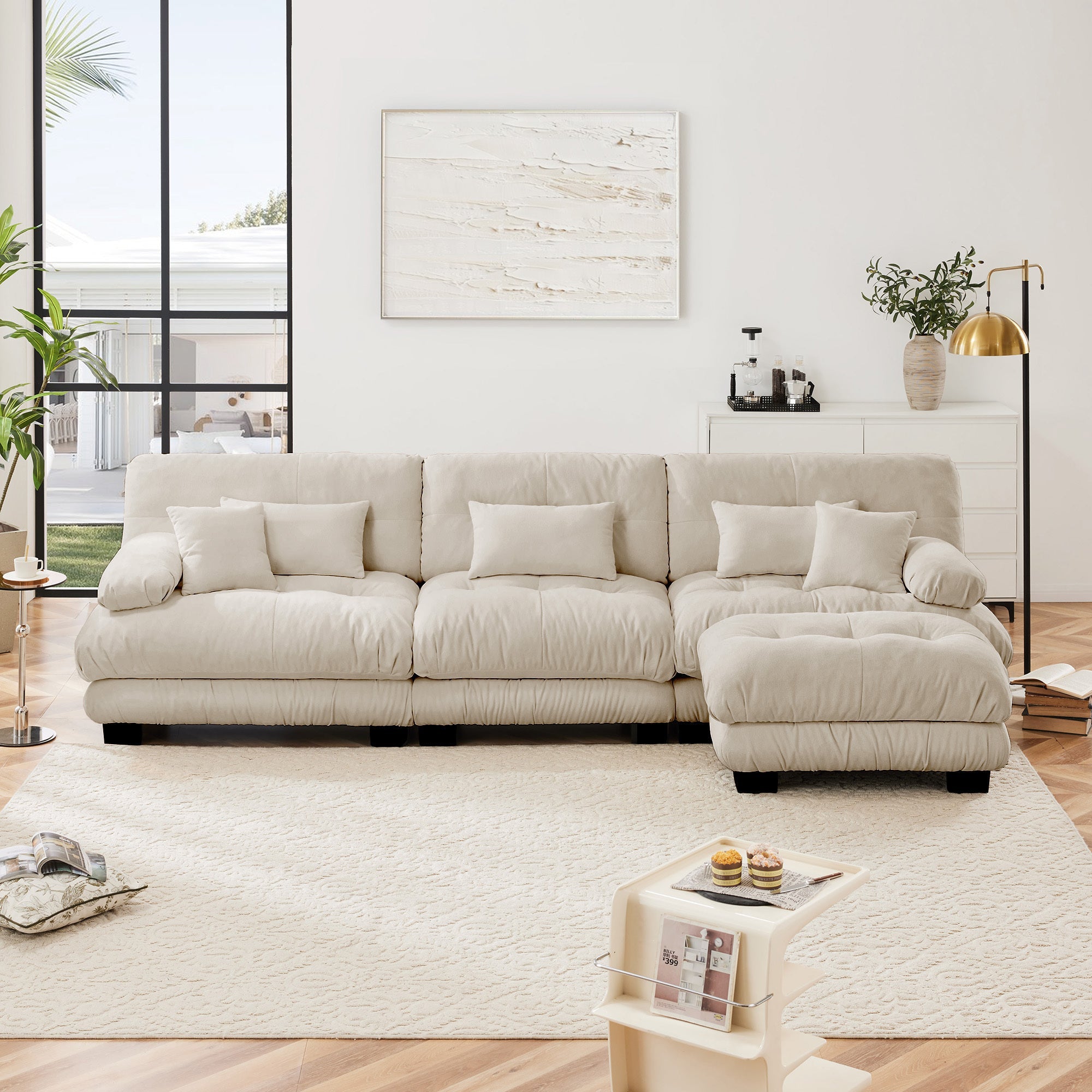 Sectional Sofa L-Shape Chenille Light Coffee 3 Seat Convertible Ottoman
