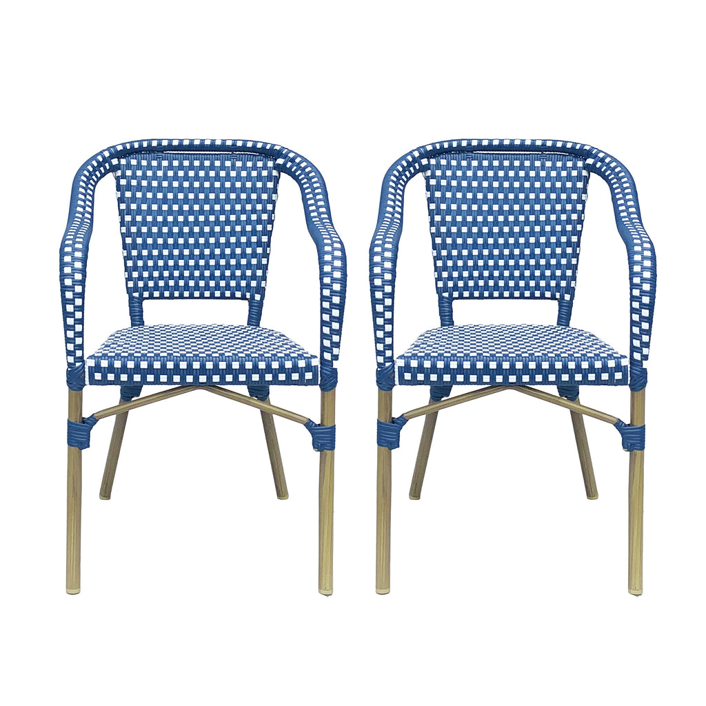 Outdoor Bistro Chair Set of 2, Rattan Wicker Aluminum Frame, White and Navy