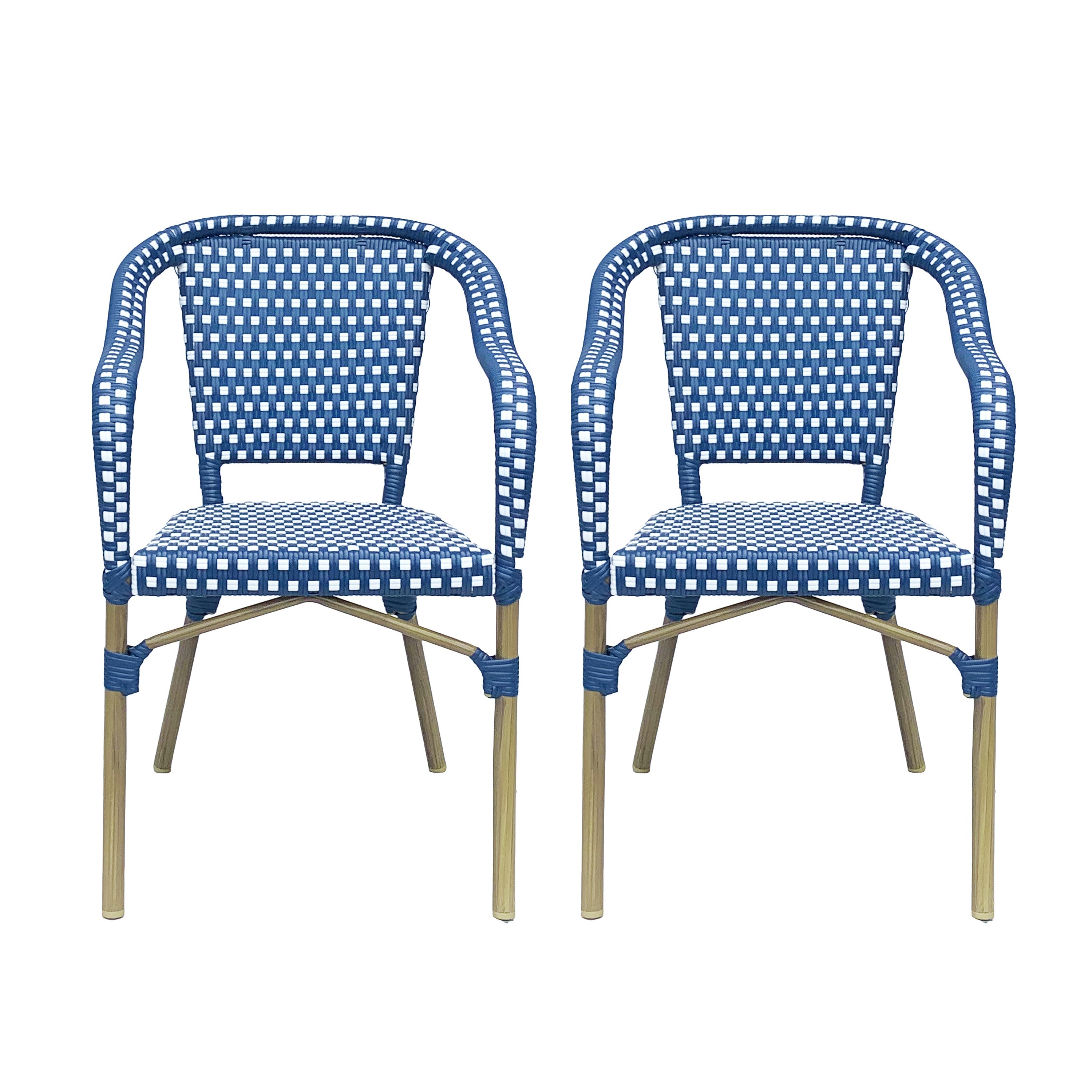 Outdoor Bistro Chair Set of 2, Rattan Wicker Aluminum Frame, White and Navy