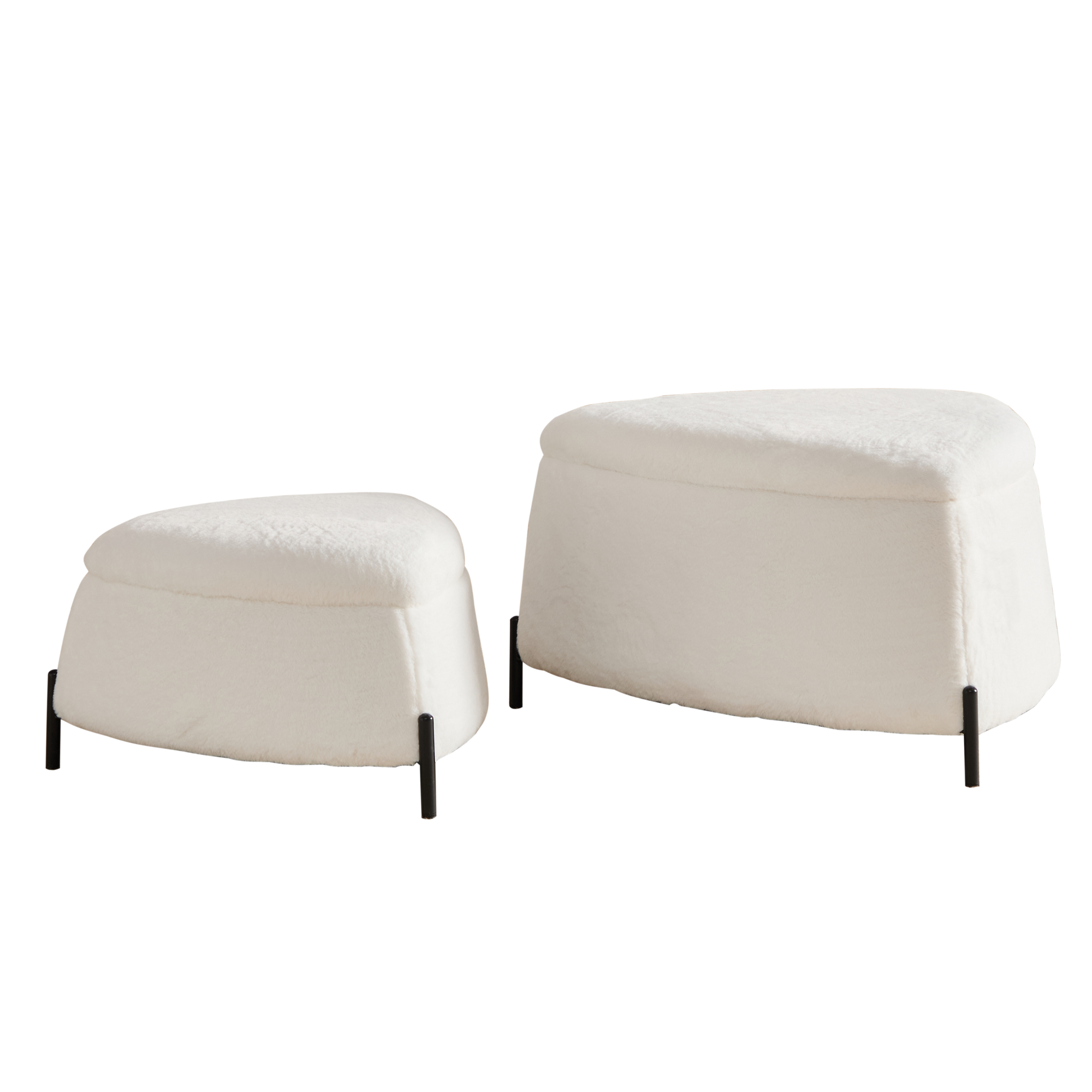 Ivory Faux Fur Upholstered Storage Ottoman Set with Metal Legs