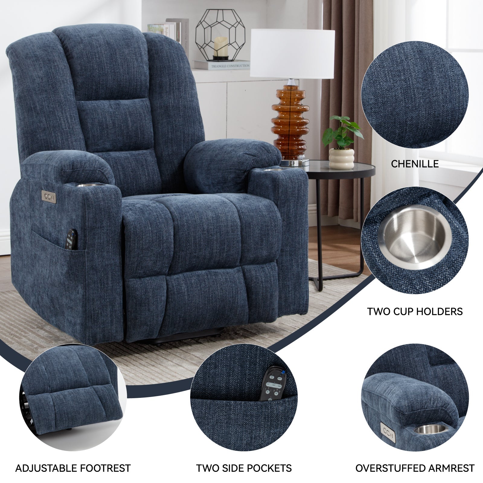 Lift Recliner Chair Power Chenille Blue Heat Massage USB Cup Holders 350 LB