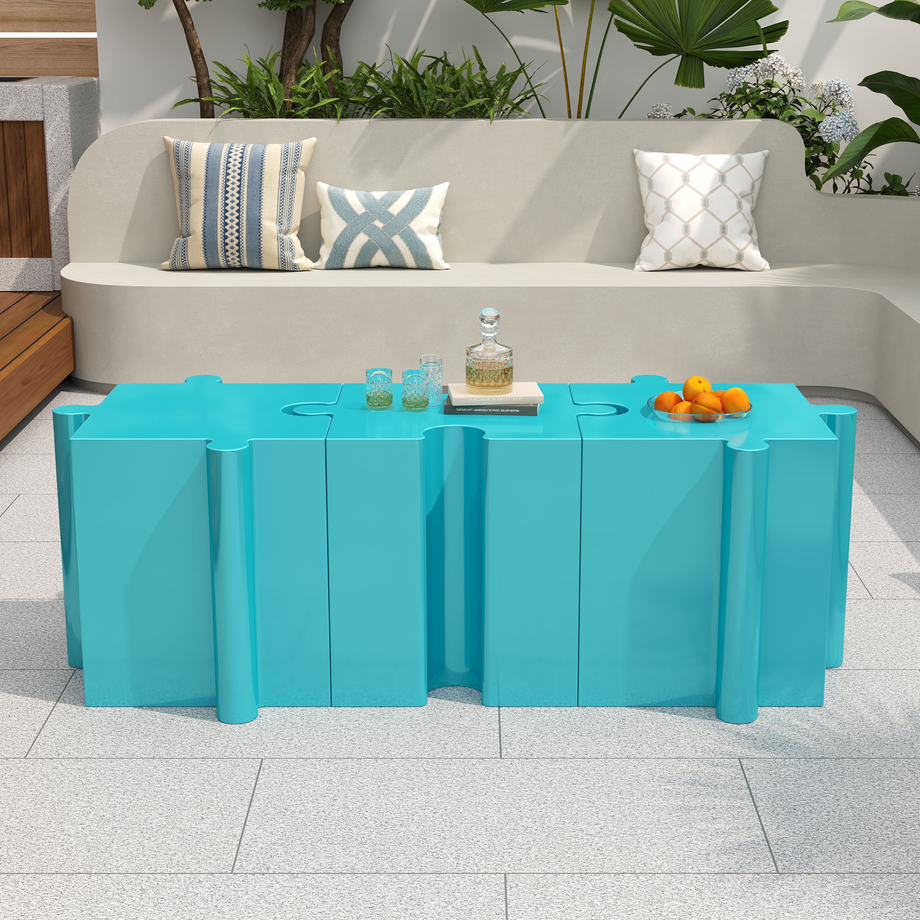 Puzzle Art Side Table Modular Convex Edge MGO Table Indoor and Outdoor Light Blue