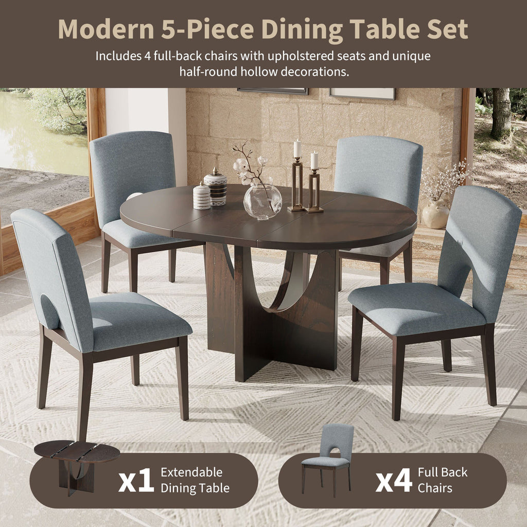 Modern 5-Piece Extendable Round Dining Table Set with 16.2inch Removable Leaf