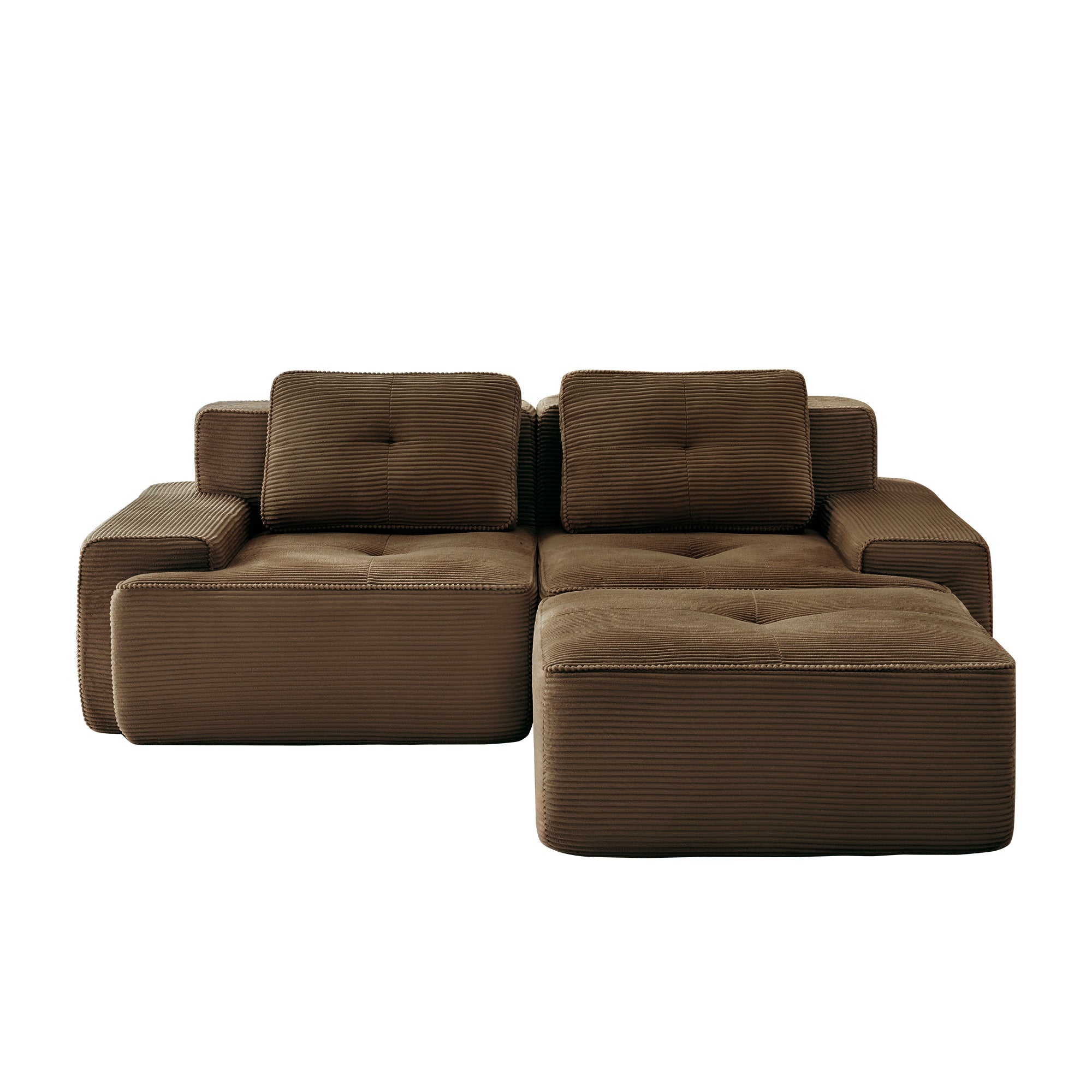 Sectional loveseat L-Shape Corduroy Brown 2 Seat Modular with Ottoman 82 In