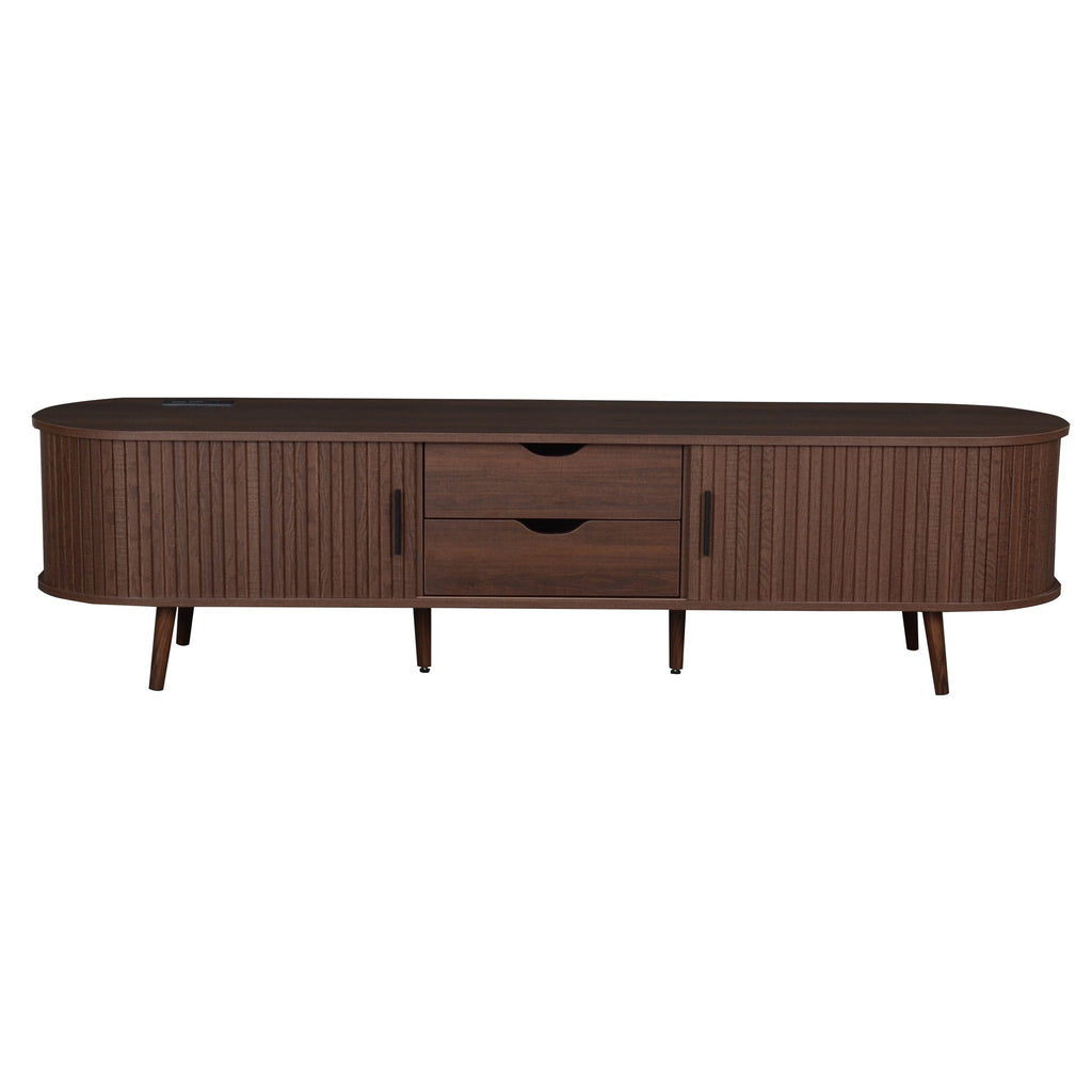 TV Stand Mid-Century Dark Brown MDF Tambour Door 2 AC 2 USB Fits 80 In TV