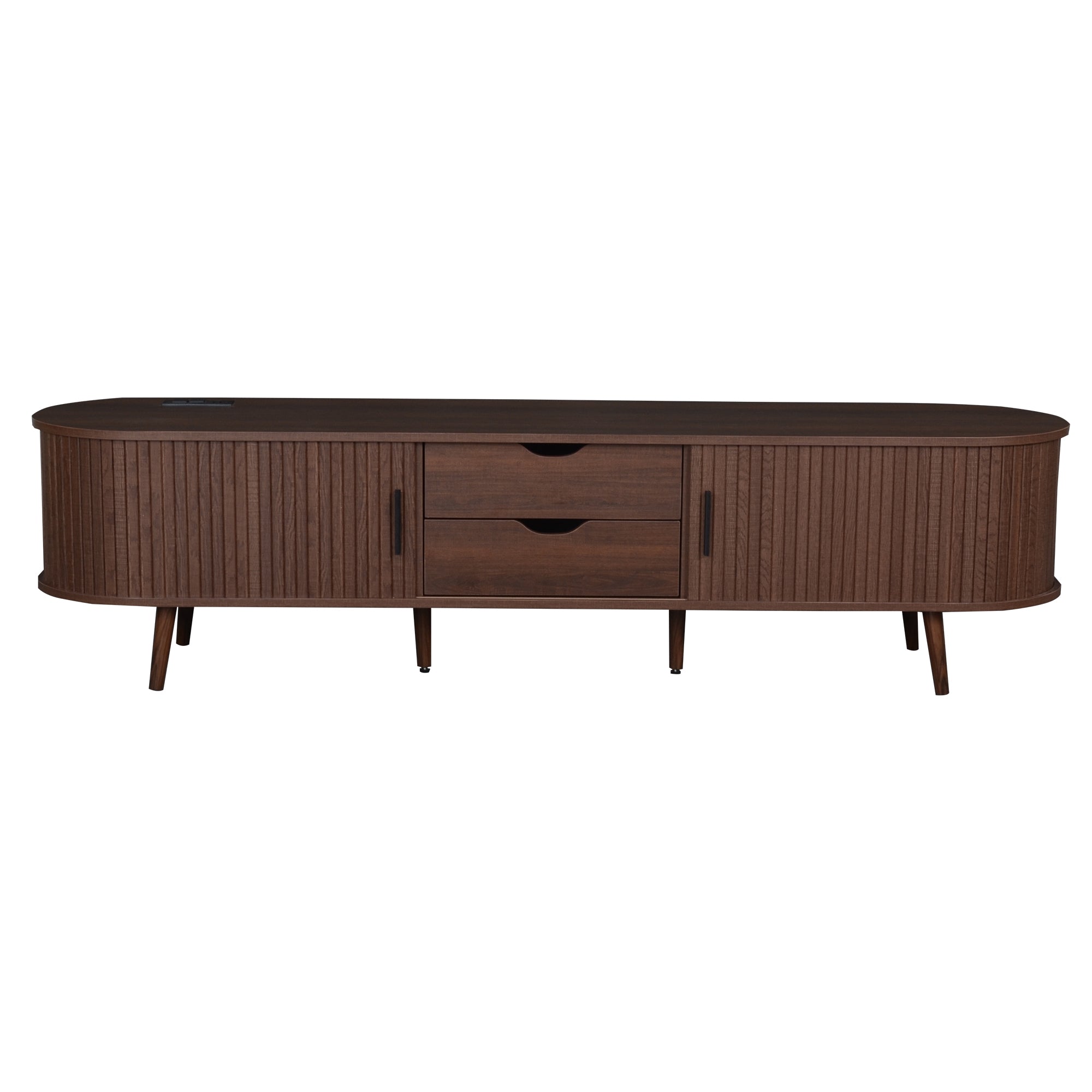 TV Stand Mid-Century Dark Brown MDF Tambour Door 2 AC 2 USB Fits 80 In TV