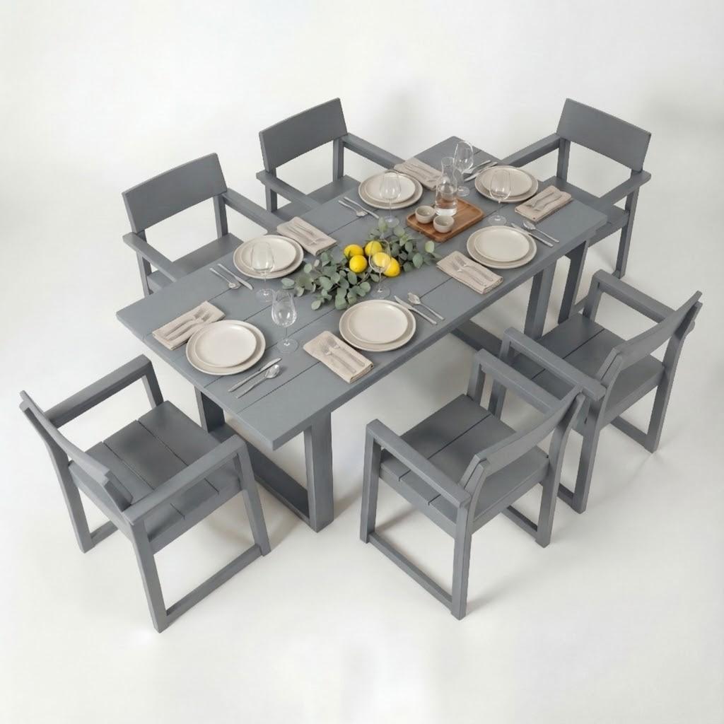 Outdoor Dining Set 6 Person HDPE Gray Weather Resistant Umbrella Hole