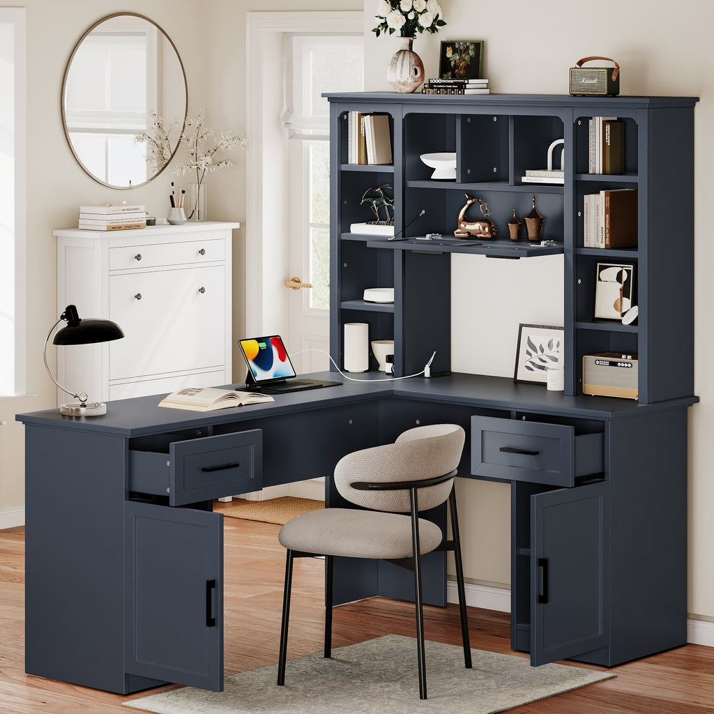 L-Shaped Computer Desk with 2 Cabinets and 2 Drawers, 11 Open Shelves and 1 R...