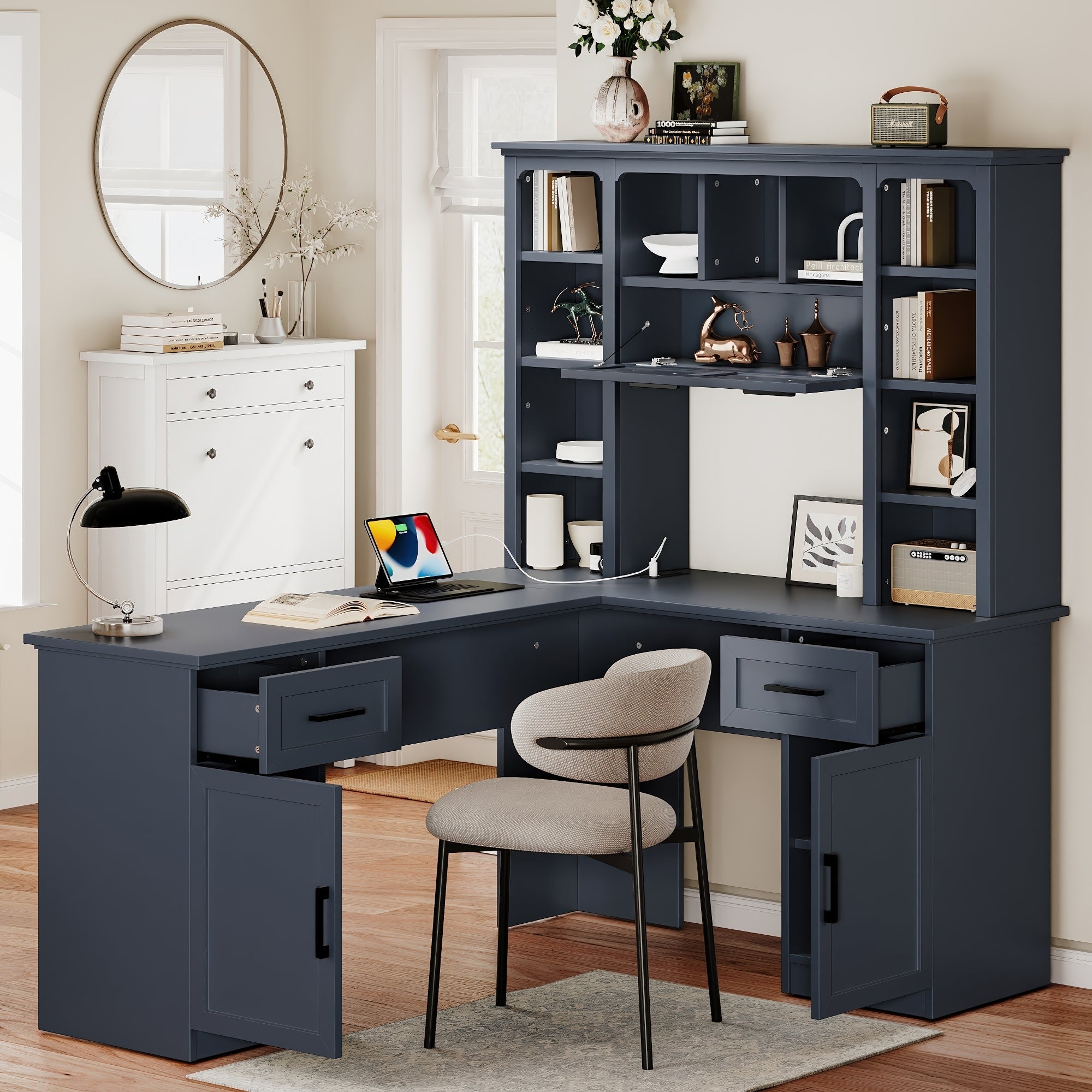 L-Shaped Computer Desk with 2 Cabinets and 2 Drawers, 11 Open Shelves and 1 R...