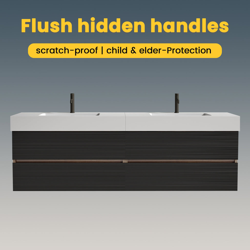 72'' Double Bathroom Vanity with Matt Black Quartz Sink Soft Black Drawers Wall Mount