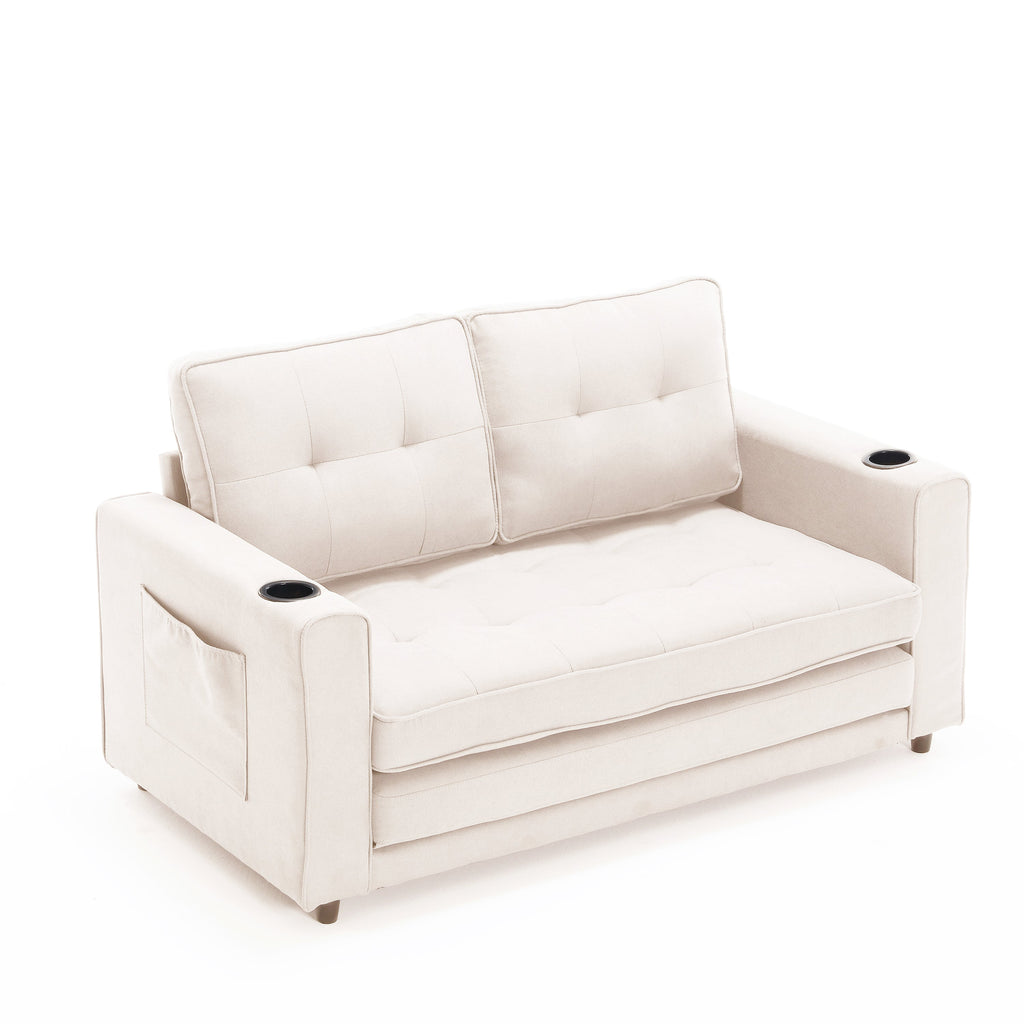 Sofa Bed Futon Tufted 3-in-1 Beige Pull-Out Sleeper Cup Holders 55 In
