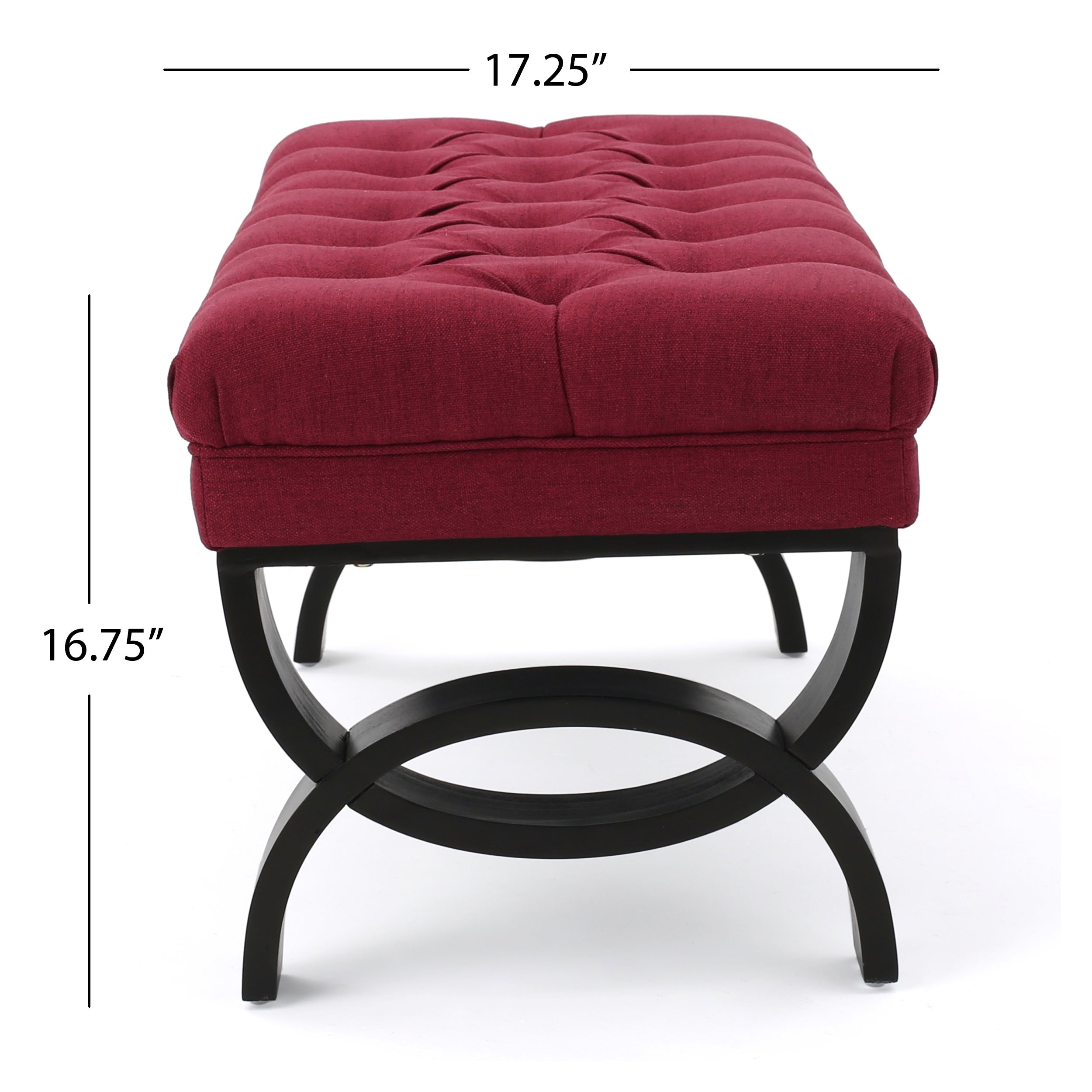 Ottoman Bench Button Tufting Half-Circle Legs, Red Fabric, 41x17x16.75