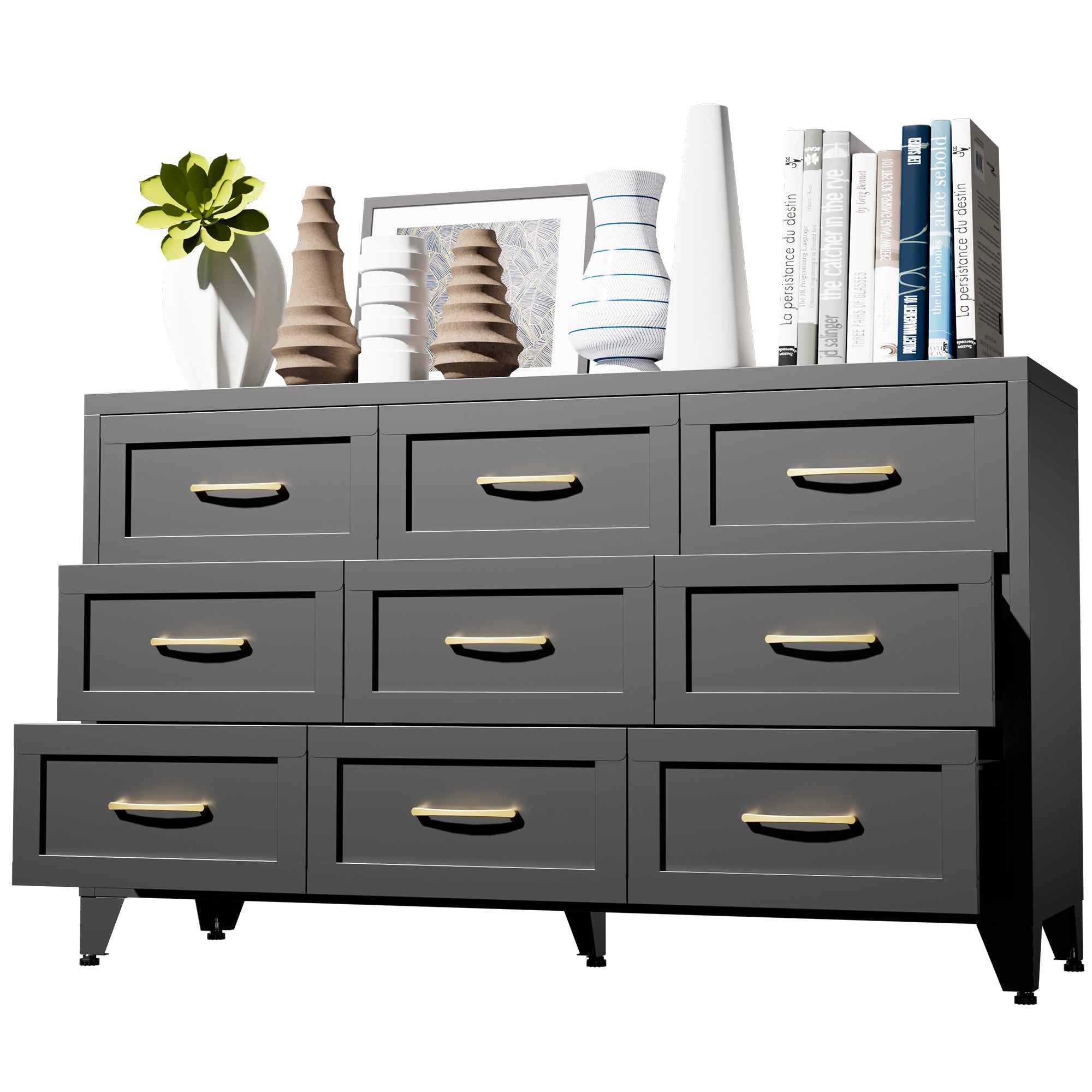 Dresser 9-Drawer Black Steel Smooth-Glide Powder Coat 52x15.8x30 In