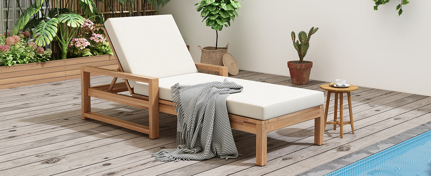 Outdoor Chaise Lounge Acacia Wood Light Teak Beige Cushion 5 Position 2