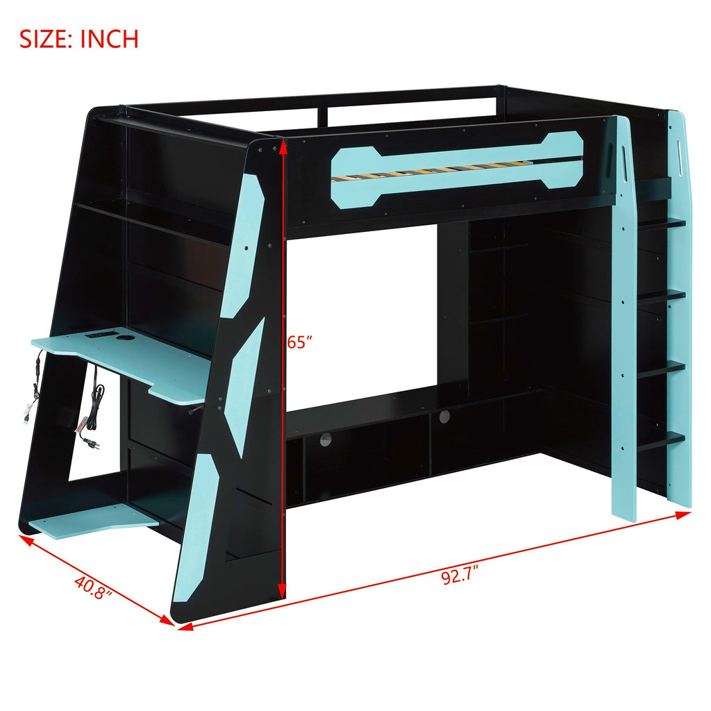 Twin Size Wood Loft Bed with Desk, Multi-storage Shelves and RGB Light, Cloud