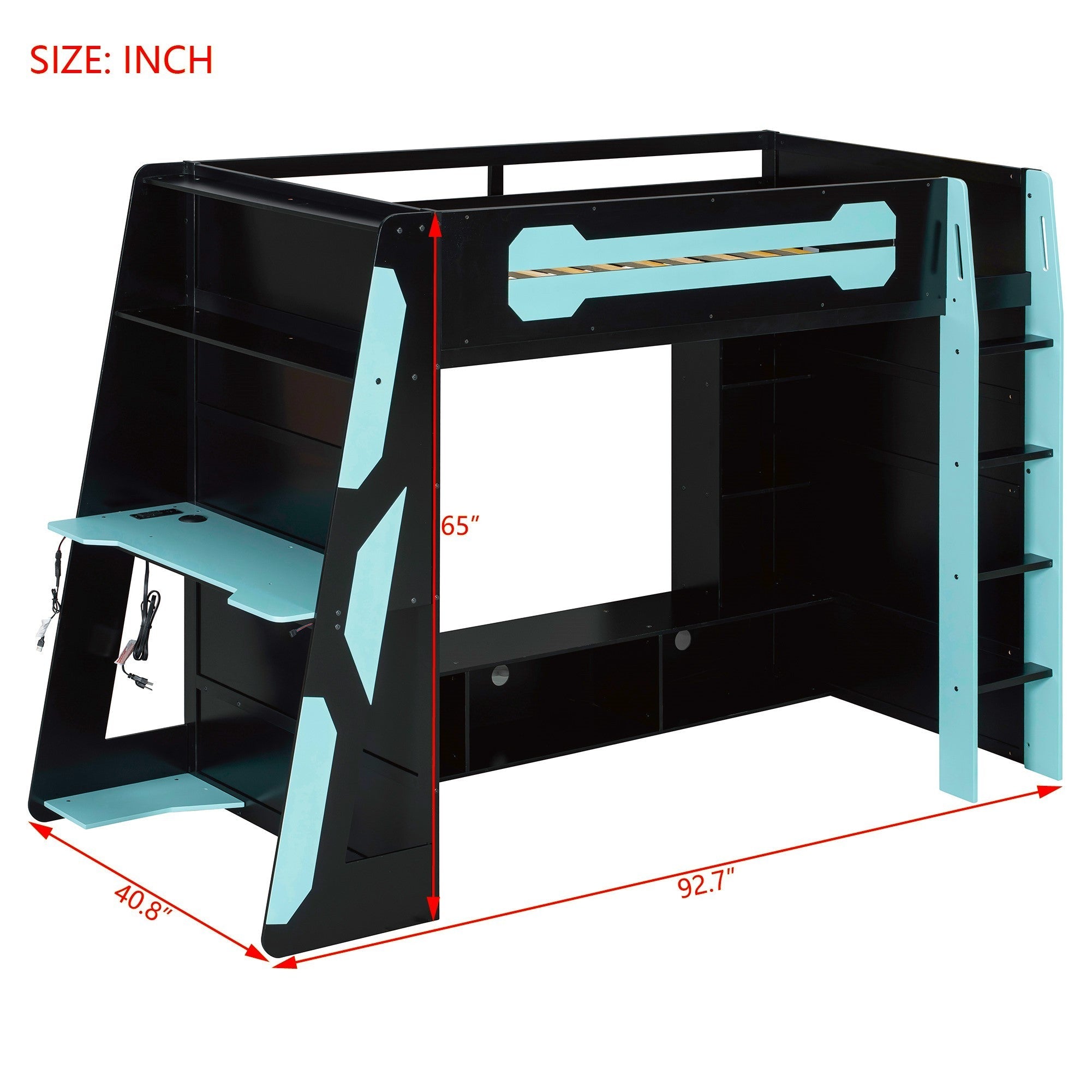 Twin Size Wood Loft Bed with Desk, Multi-storage Shelves and RGB Light, Cloud