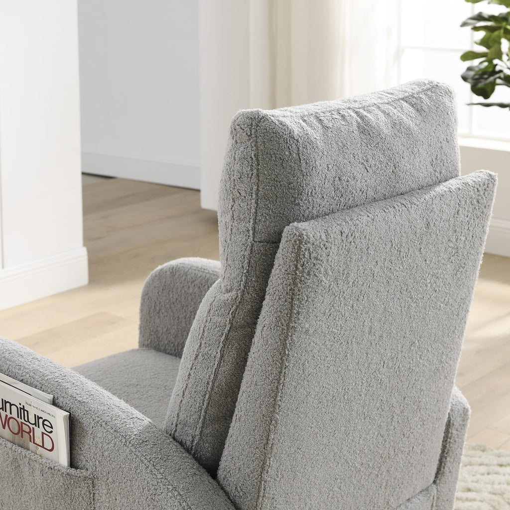 Gray Teddy Fabric Rocking Chair High Back Side Pockets 27.6