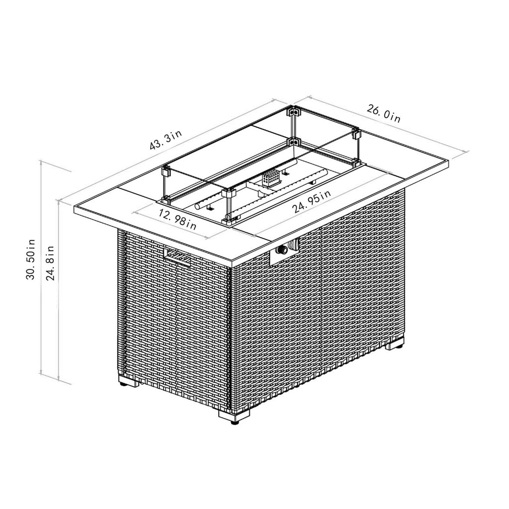 44 Inch Propane Gas Fire Pit Table 50000 BTU Tile Tabletop with Wicker Base