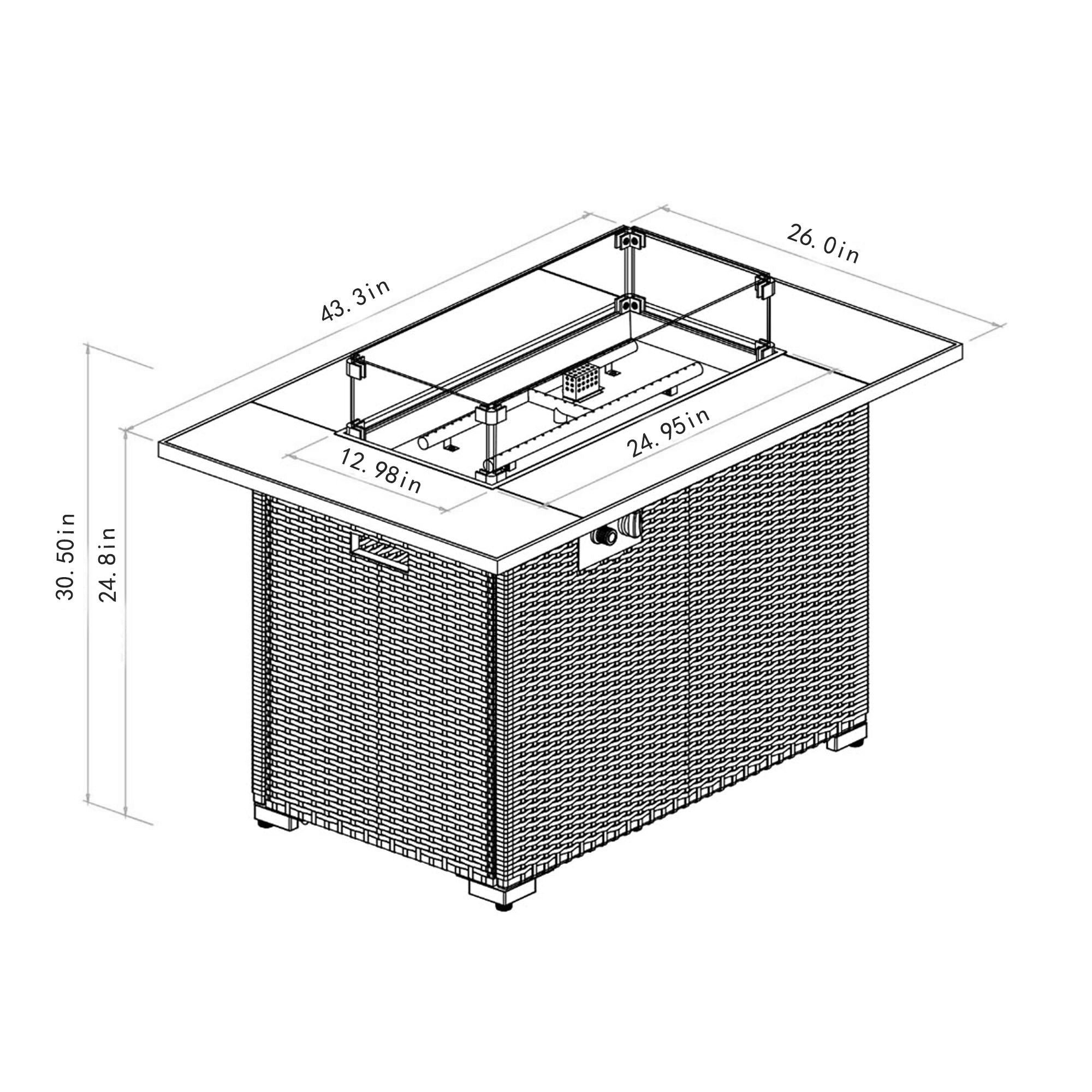 44 Inch Propane Gas Fire Pit Table 50000 BTU Tile Tabletop with Wicker Base