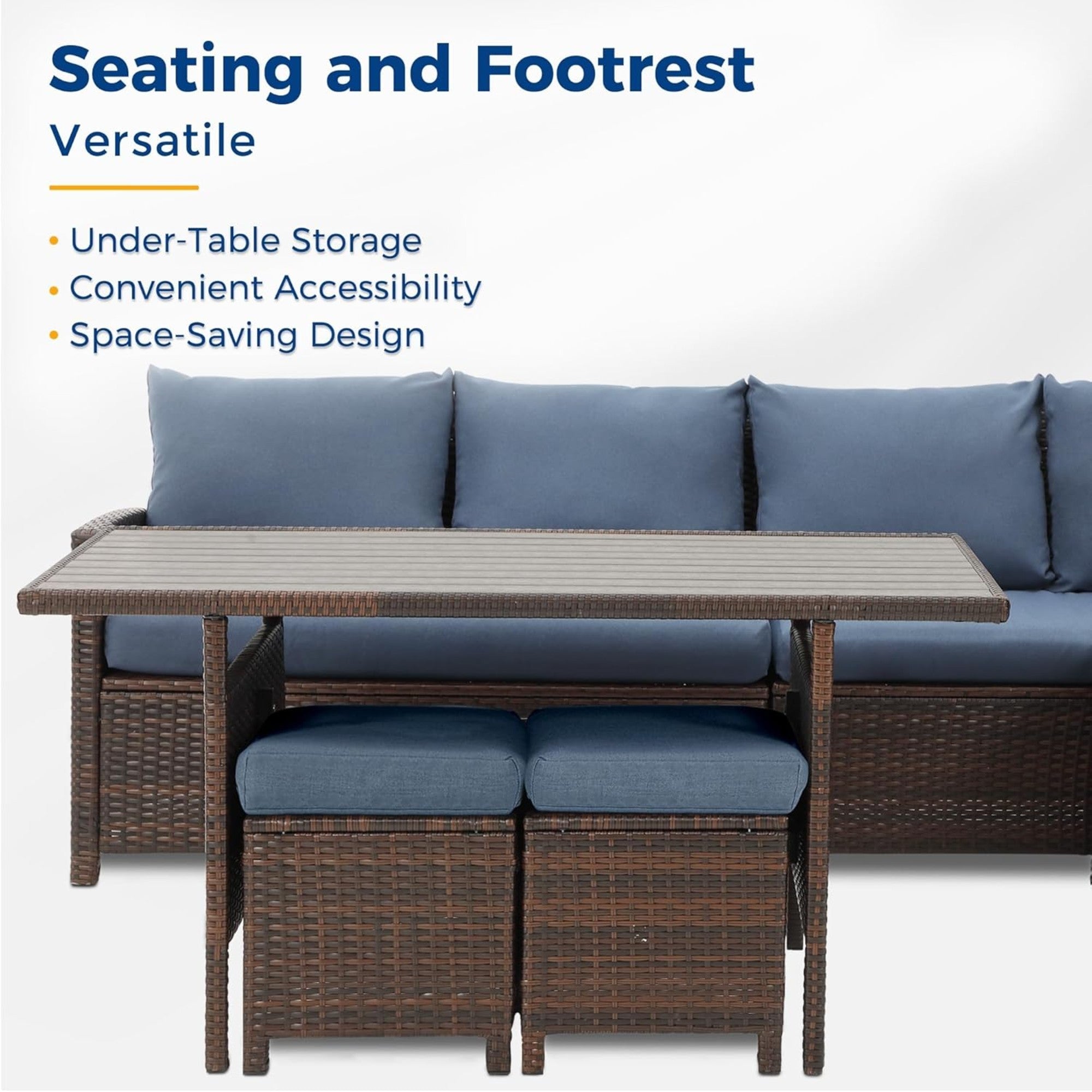 Outdoor Dining Set PE Rattan Brown Blue 7 Piece Seats 8