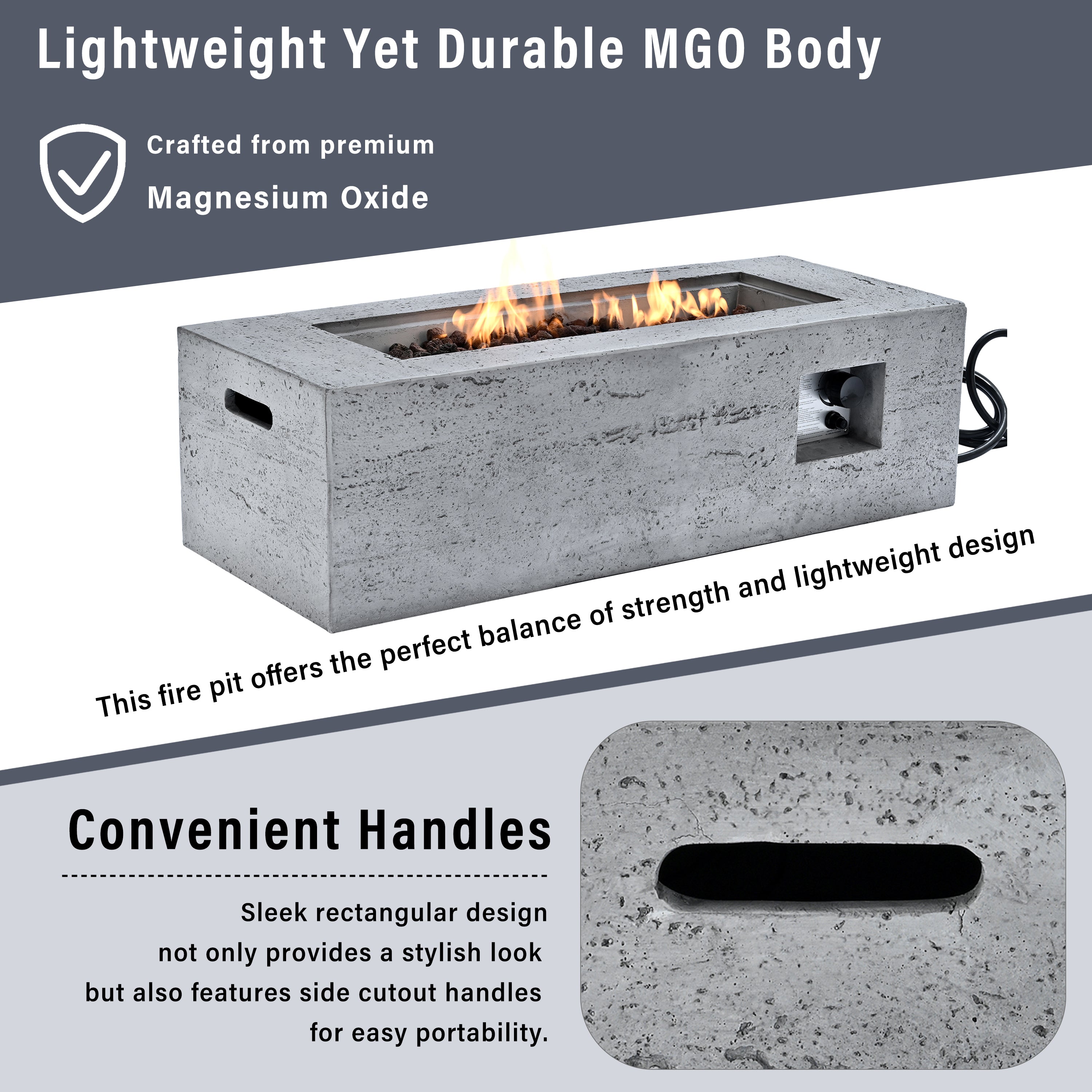 Fire Pit Propane Rectangular MGO Gray 40000 BTU with Tank Cover 41.9 In